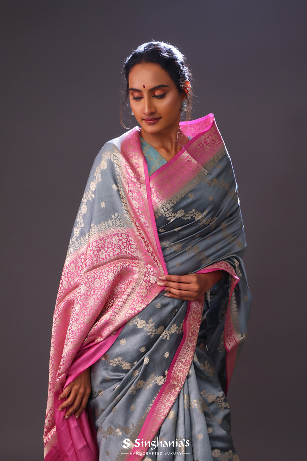 Slate Grey Floral Chiniya Banarasi Silk Saree