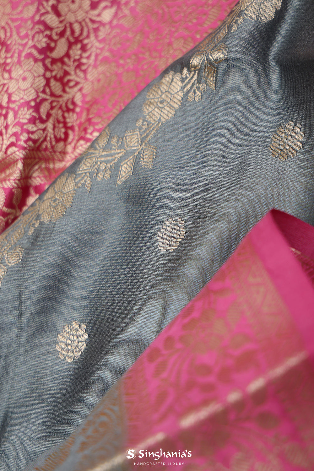 Slate Grey Floral Chiniya Banarasi Silk Saree