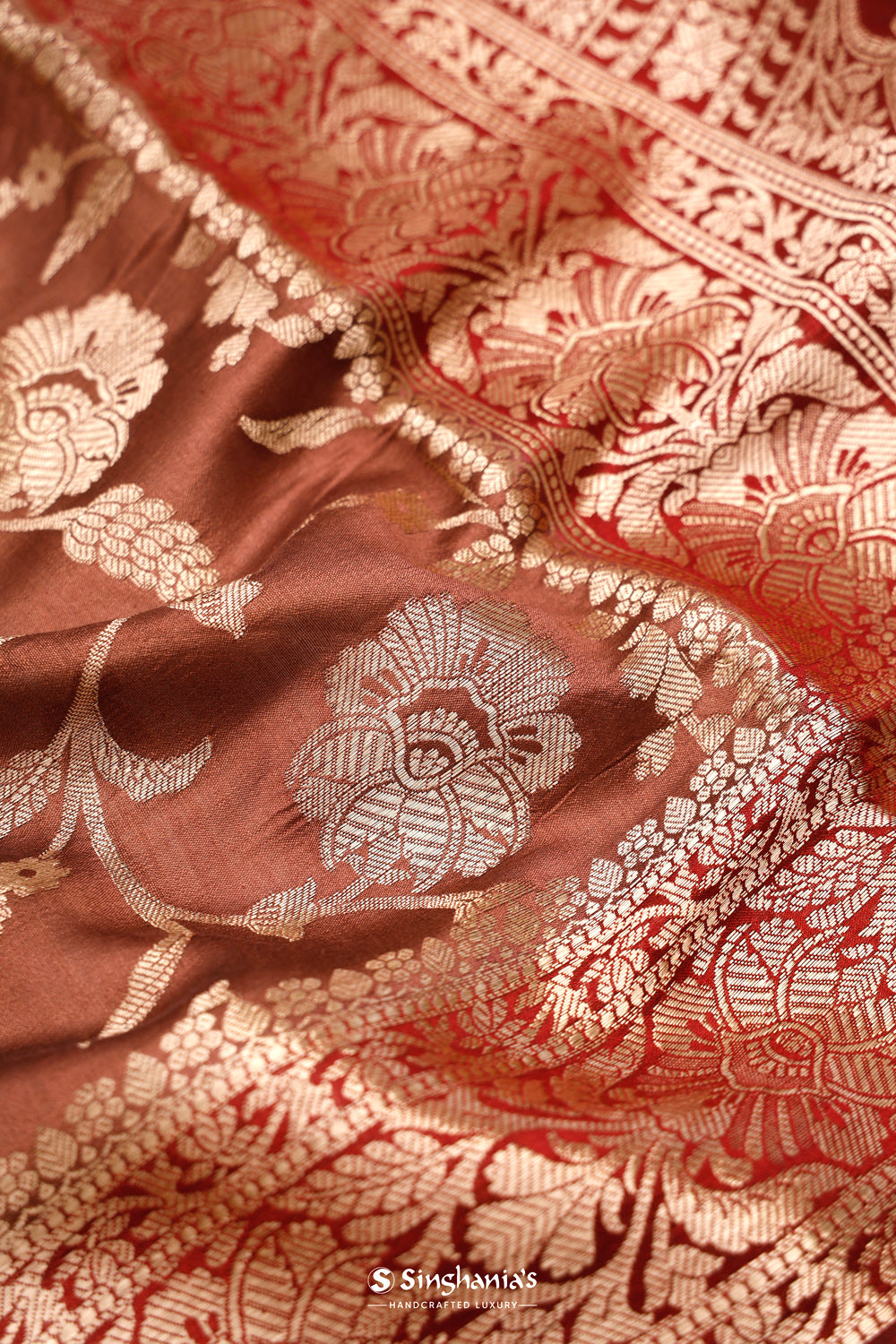 Russet Brown Banarasi Silk Saree With Floral Jaal