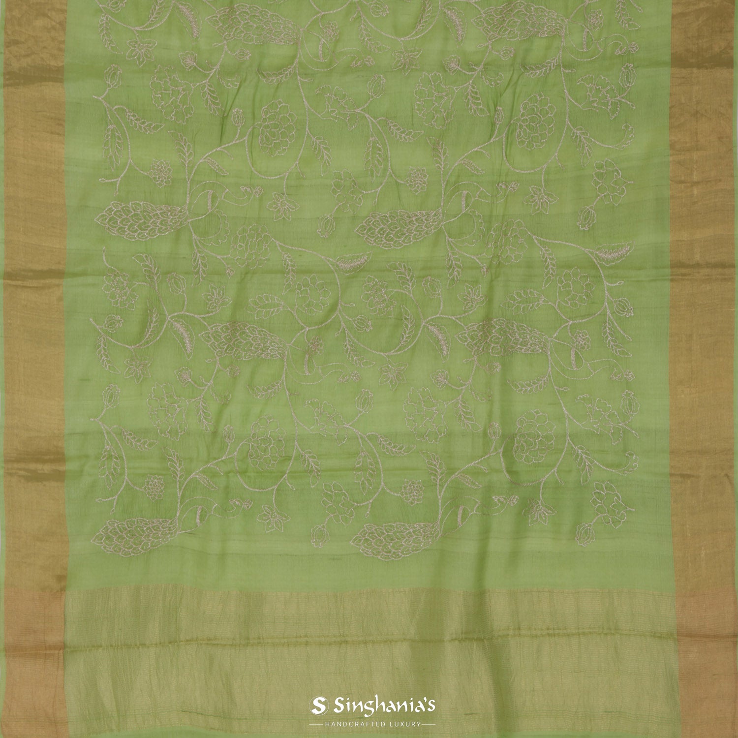 Asparagus Green Tussar Saree With Floral Embroidery