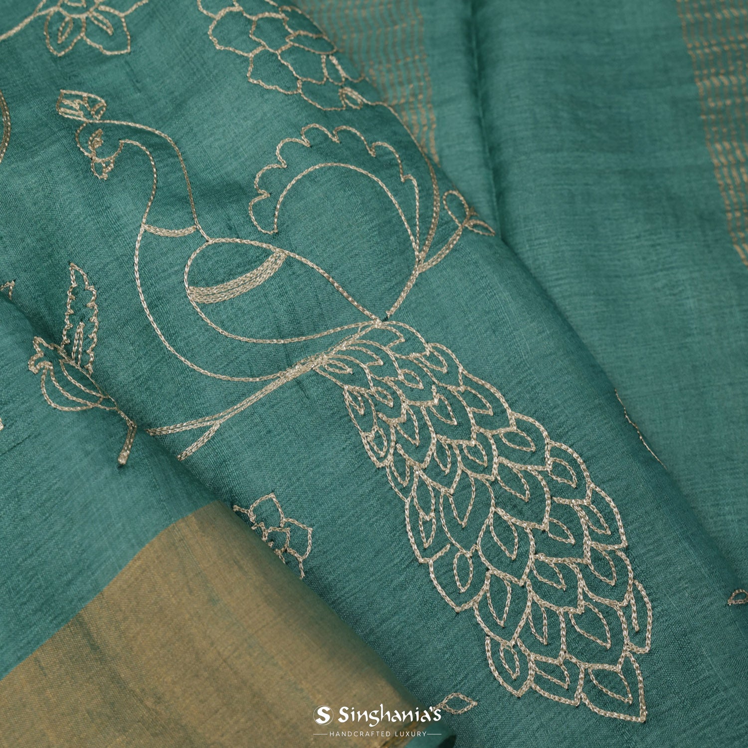 Sap Green Tussar Saree With Peacock Embroidery