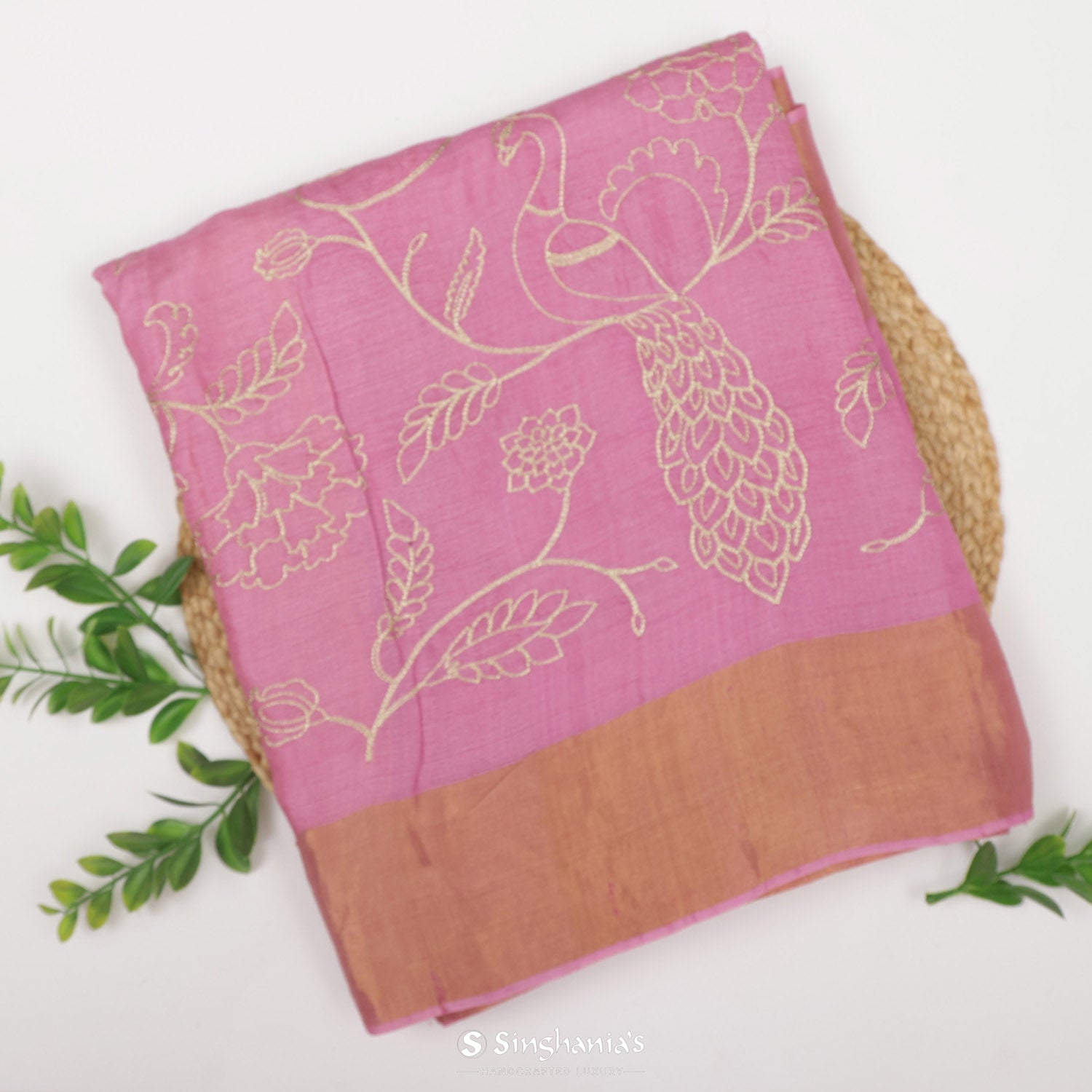 Persian Pink Tussar Saree With Floral Embroidery