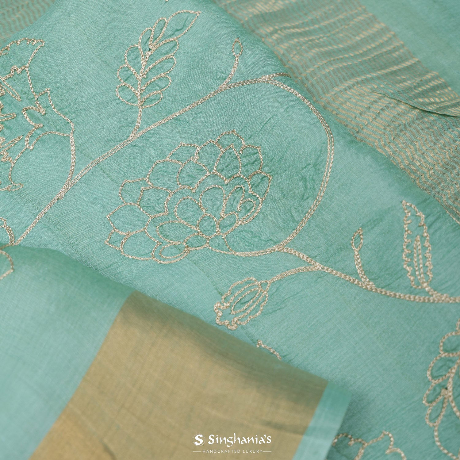 Tiffany Blue Tussar Saree With Floral Embroidery