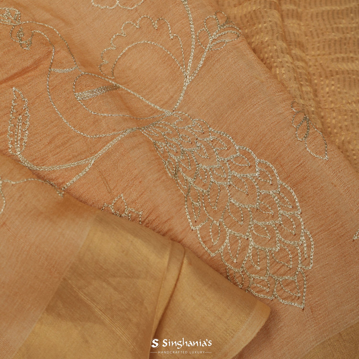 Calm Orange Tussar Saree With Floral Embroidery