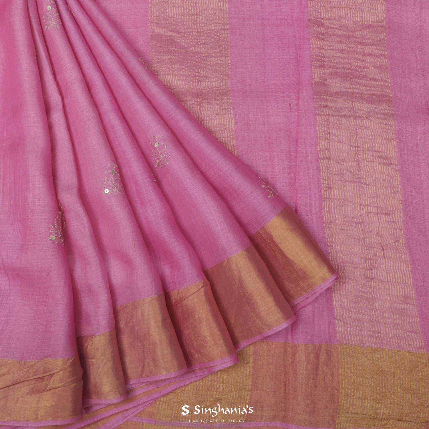 Passion Pink Tussar Silk Saree With Floral Thread Buttis
