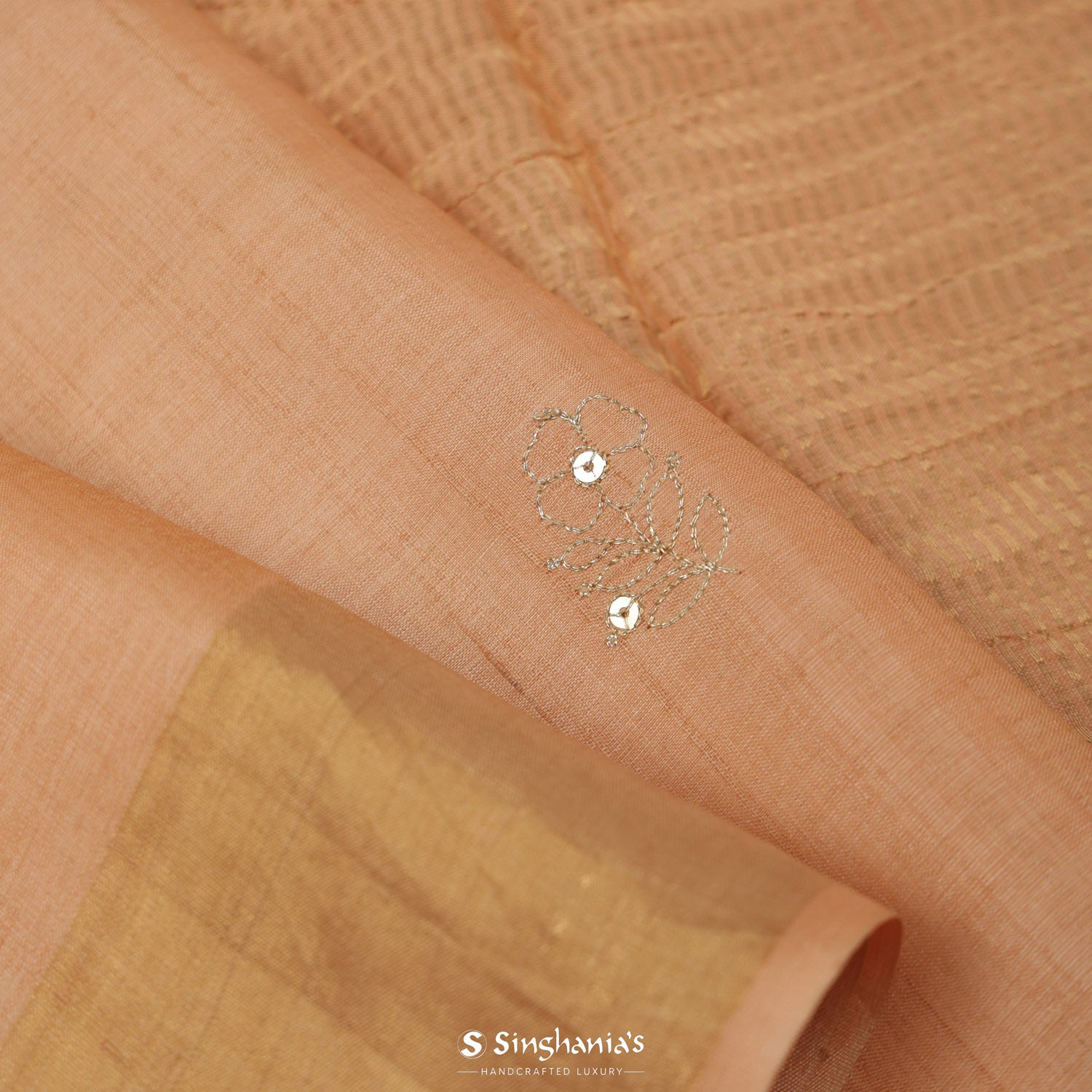 Tangerine Orange Tussar Saree With Floral Embroidery