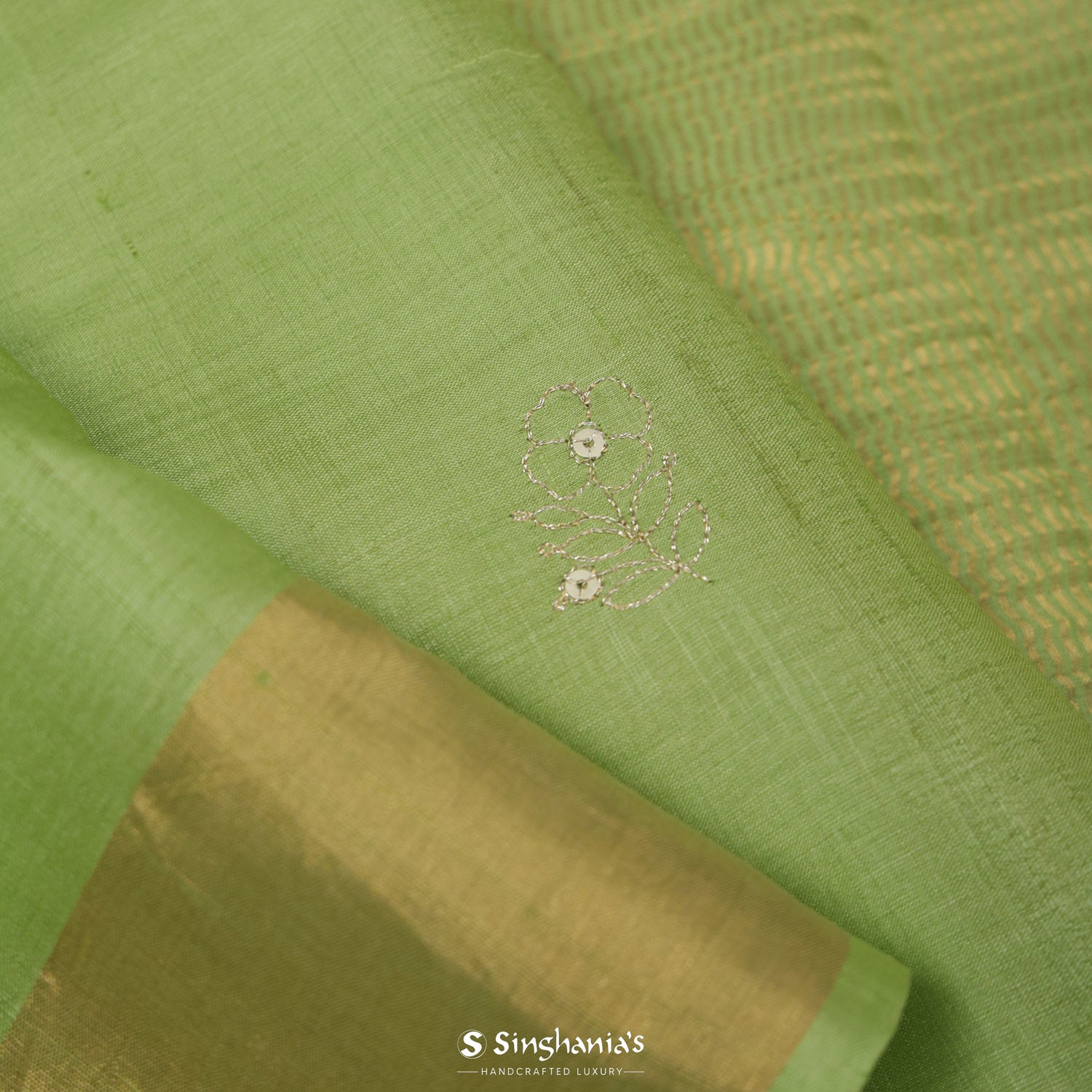 Medium Spring Bud Green Tussar Saree With Floral Embroidery