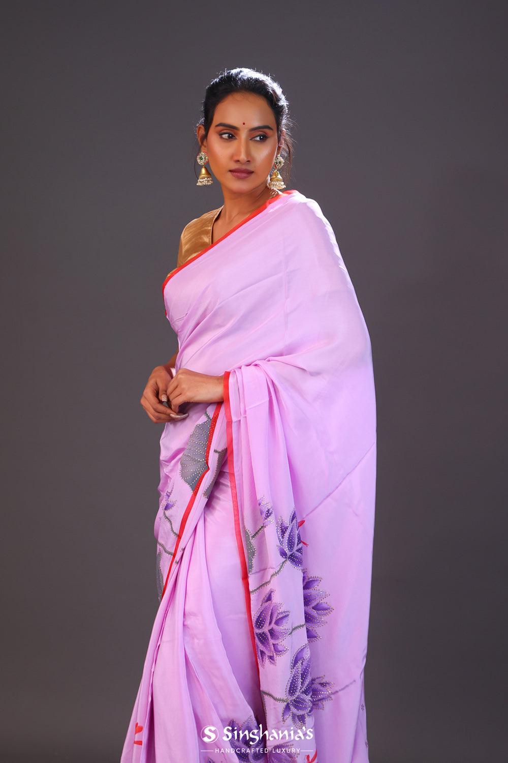 Lavender Purple Handcrafted Satin Saree