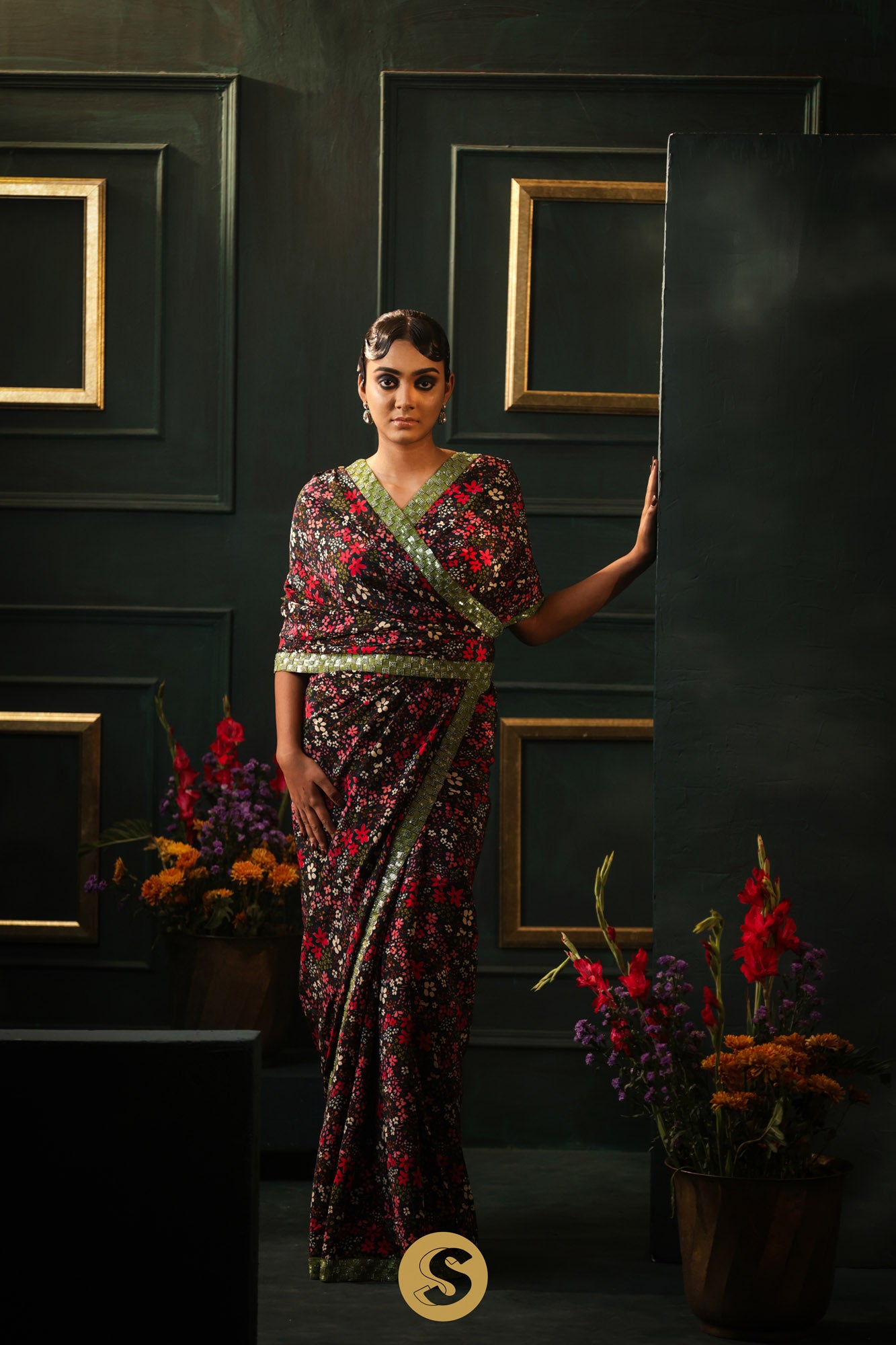 Deep Black Designer Saree With Floral Printed Pattern