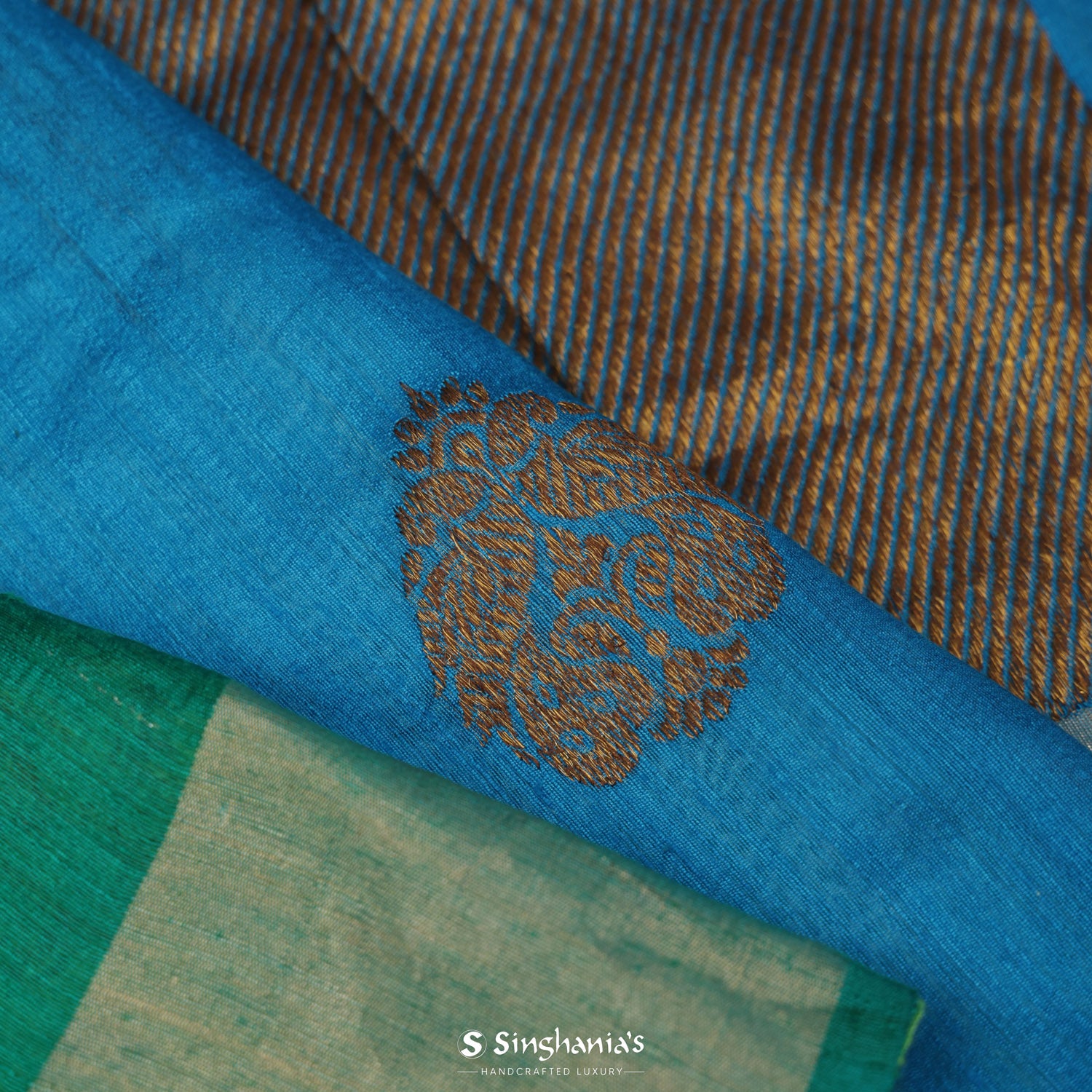 Greenish Blue Printed Matka Saree With Floral Weaving