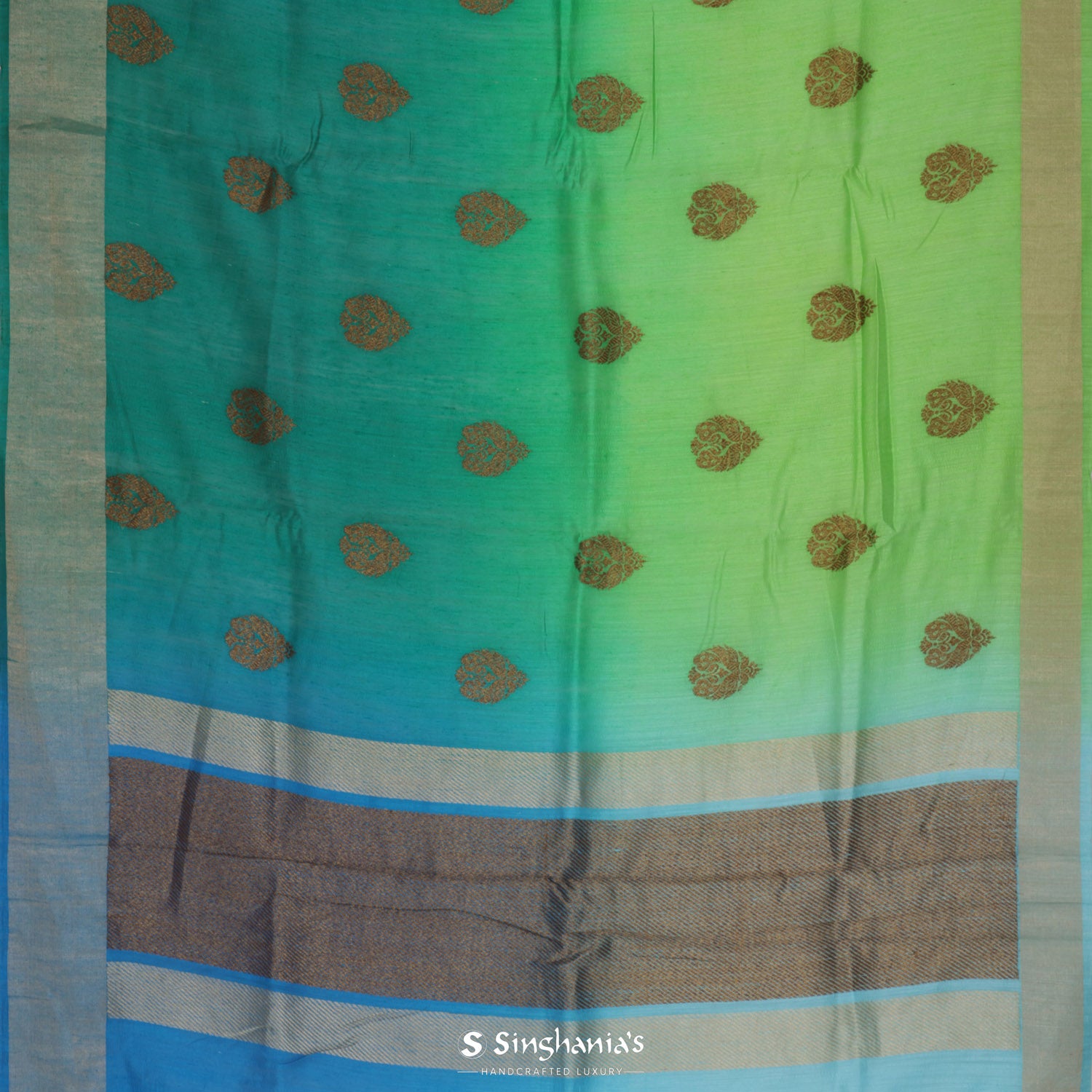 Greenish Blue Printed Matka Saree With Floral Weaving