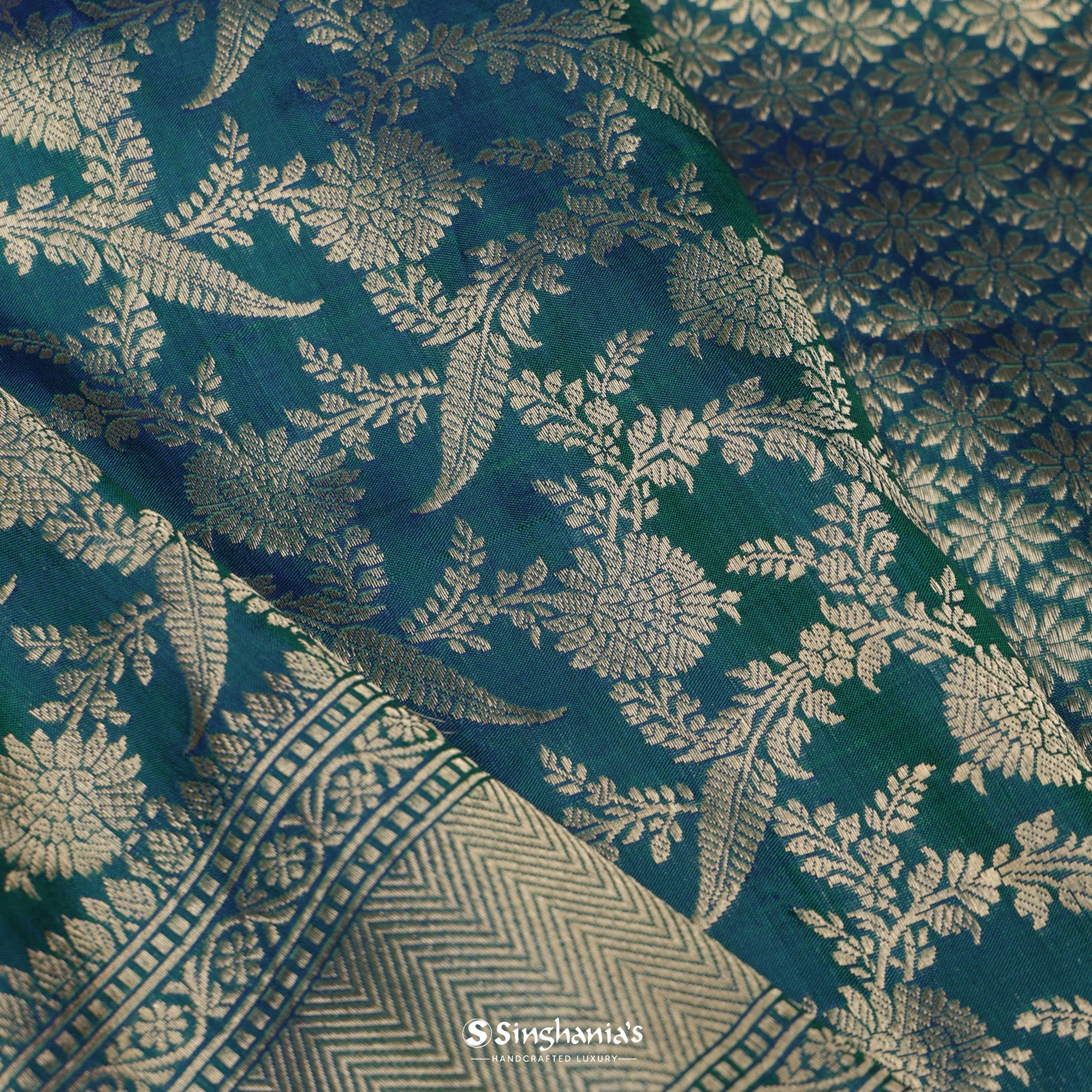 Green And Blue Banarasi Silk Saree With Floral Jaal Weaving