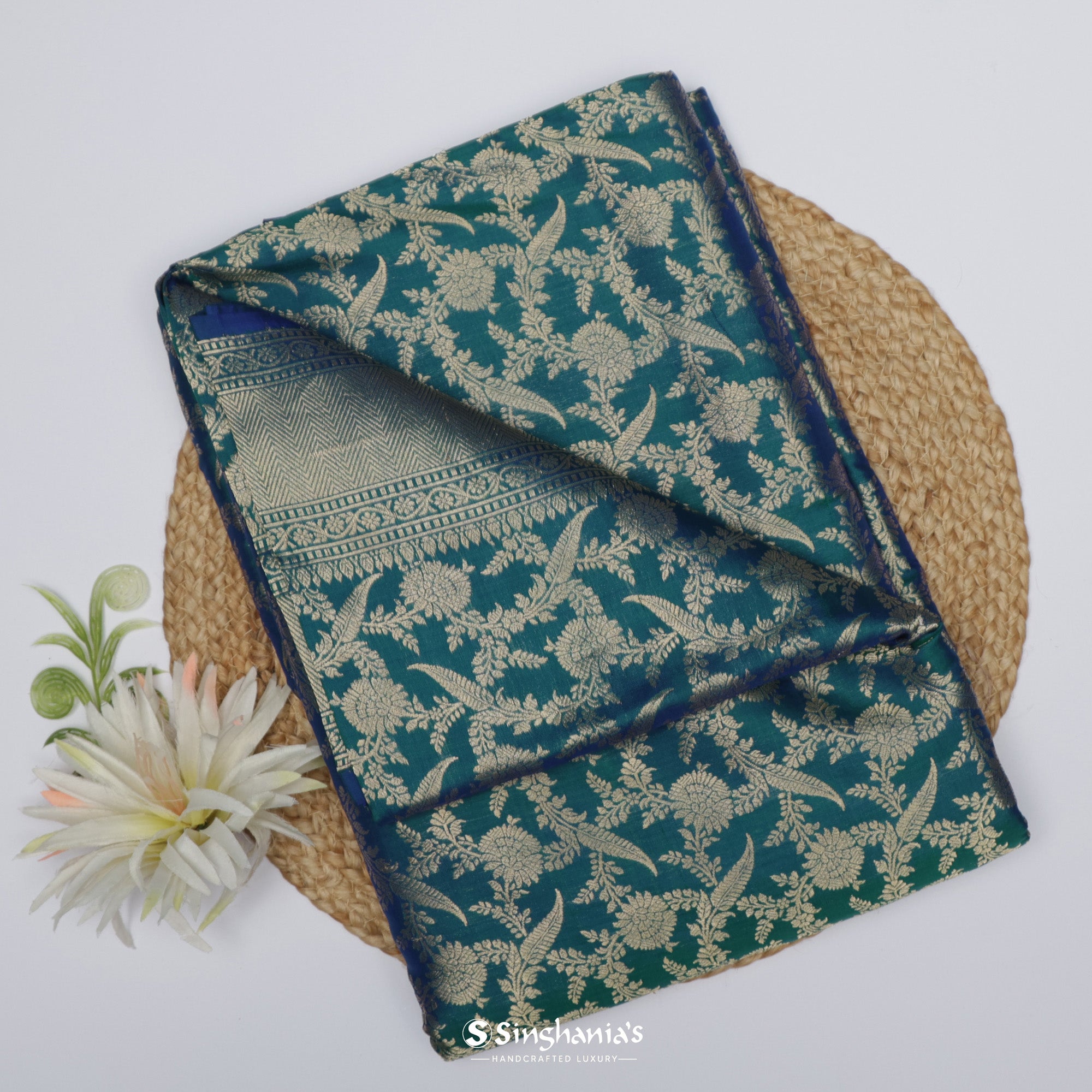 Green And Blue Banarasi Silk Saree With Floral Jaal Weaving