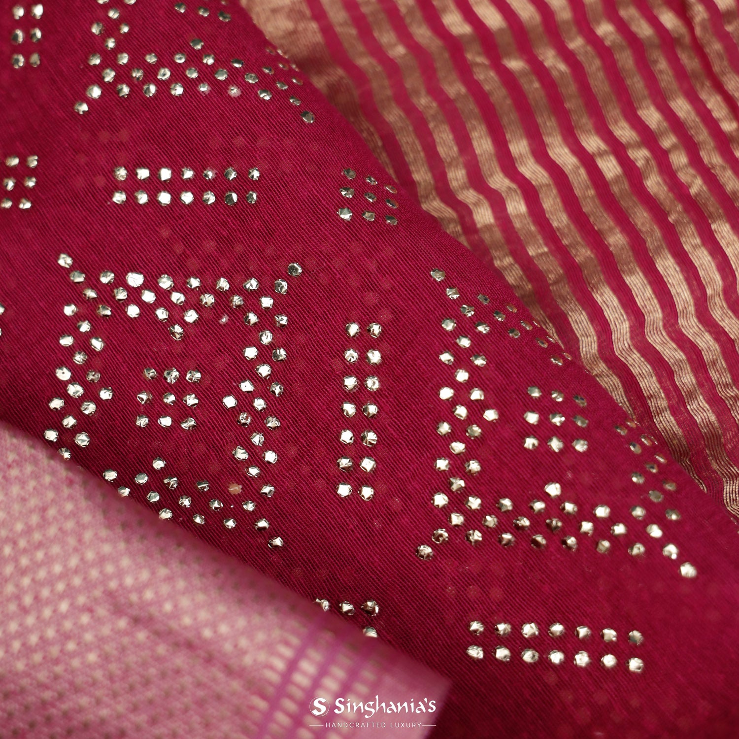 Bright Maroon Linen Saree With Mukaish Work In Abstract Pattern