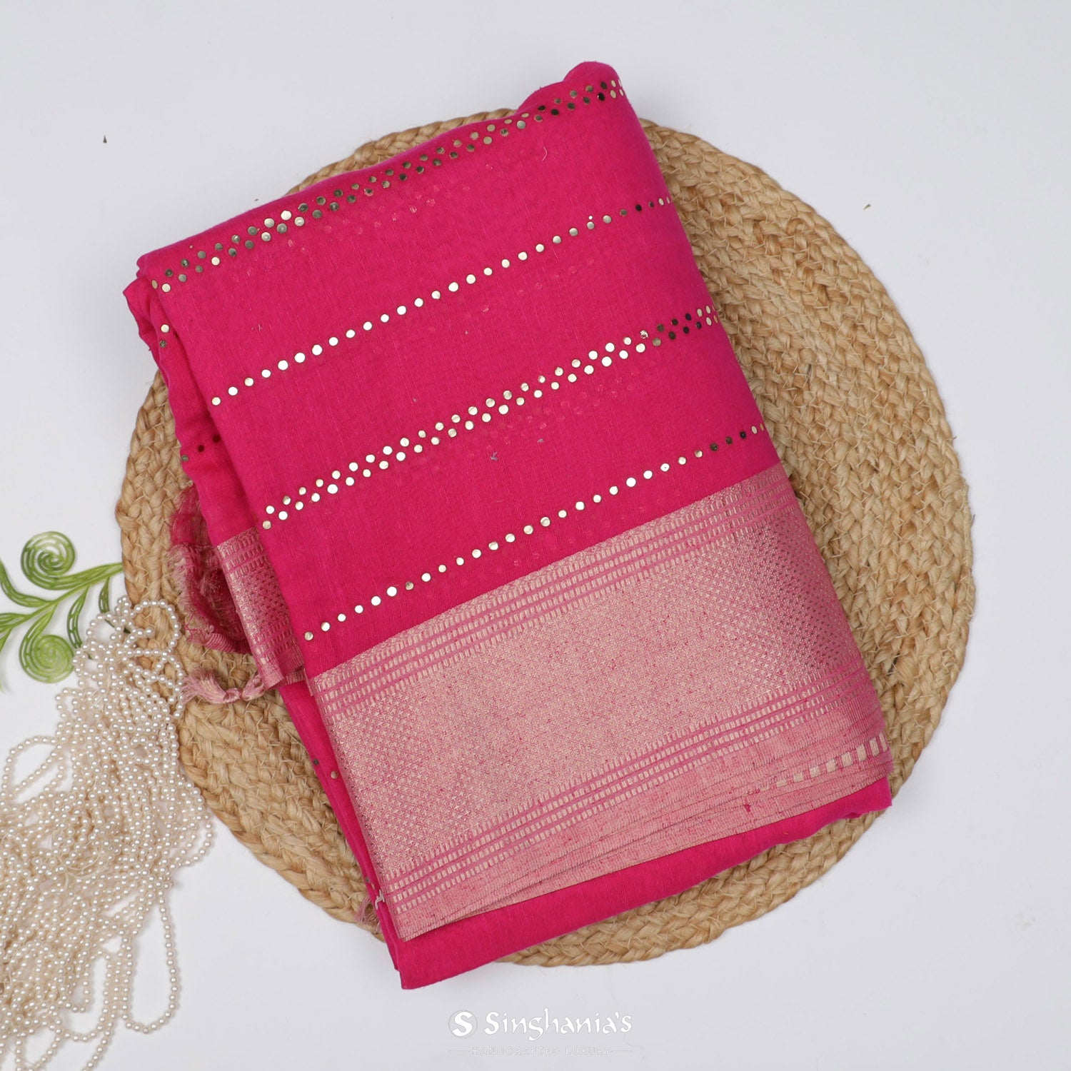 Ruby Pink Linen Saree With Mukaish Work In Abstract Pattern