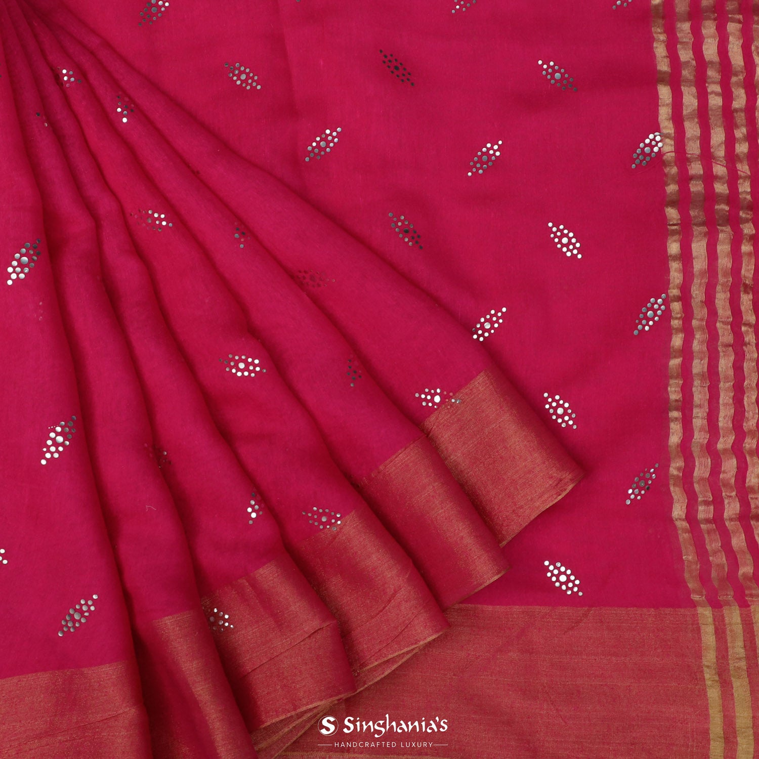 Cherry Pink Linen Saree With Mukaish Work In Floral Butti Pattern