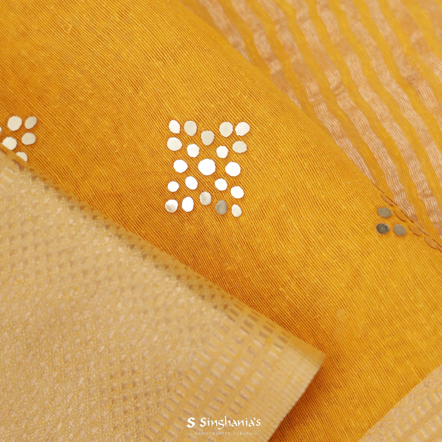 Amber Yellow Linen Saree With Mukaish Work In Floral Motifs