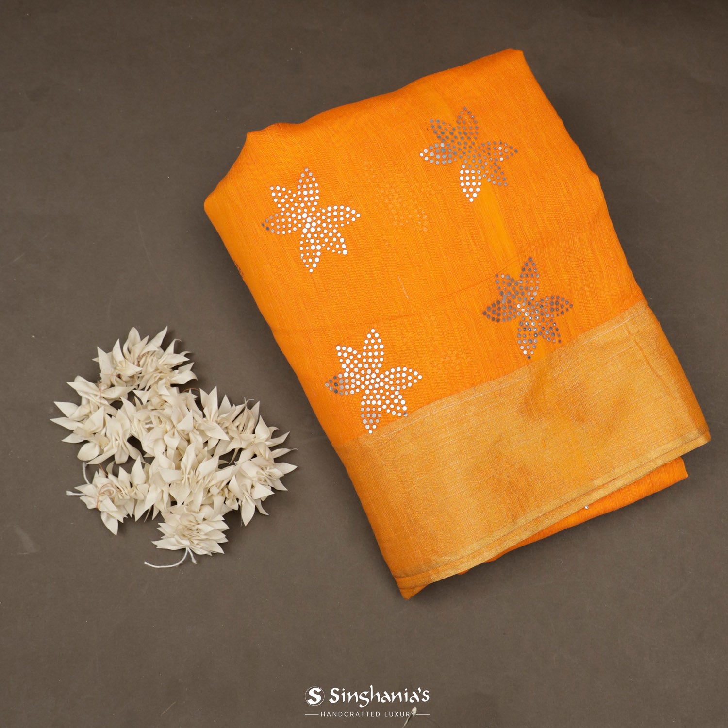 Web Orange Linen Saree With Floral Foil Print