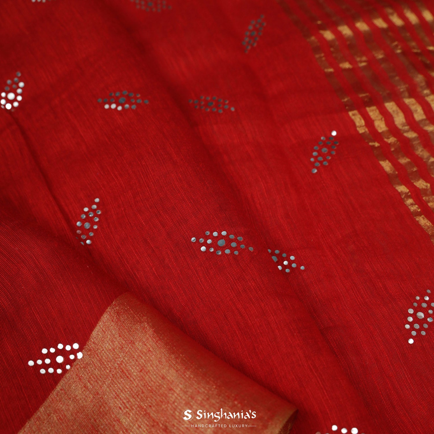 Crimson Red Printed Lenin Saree With Foil Work