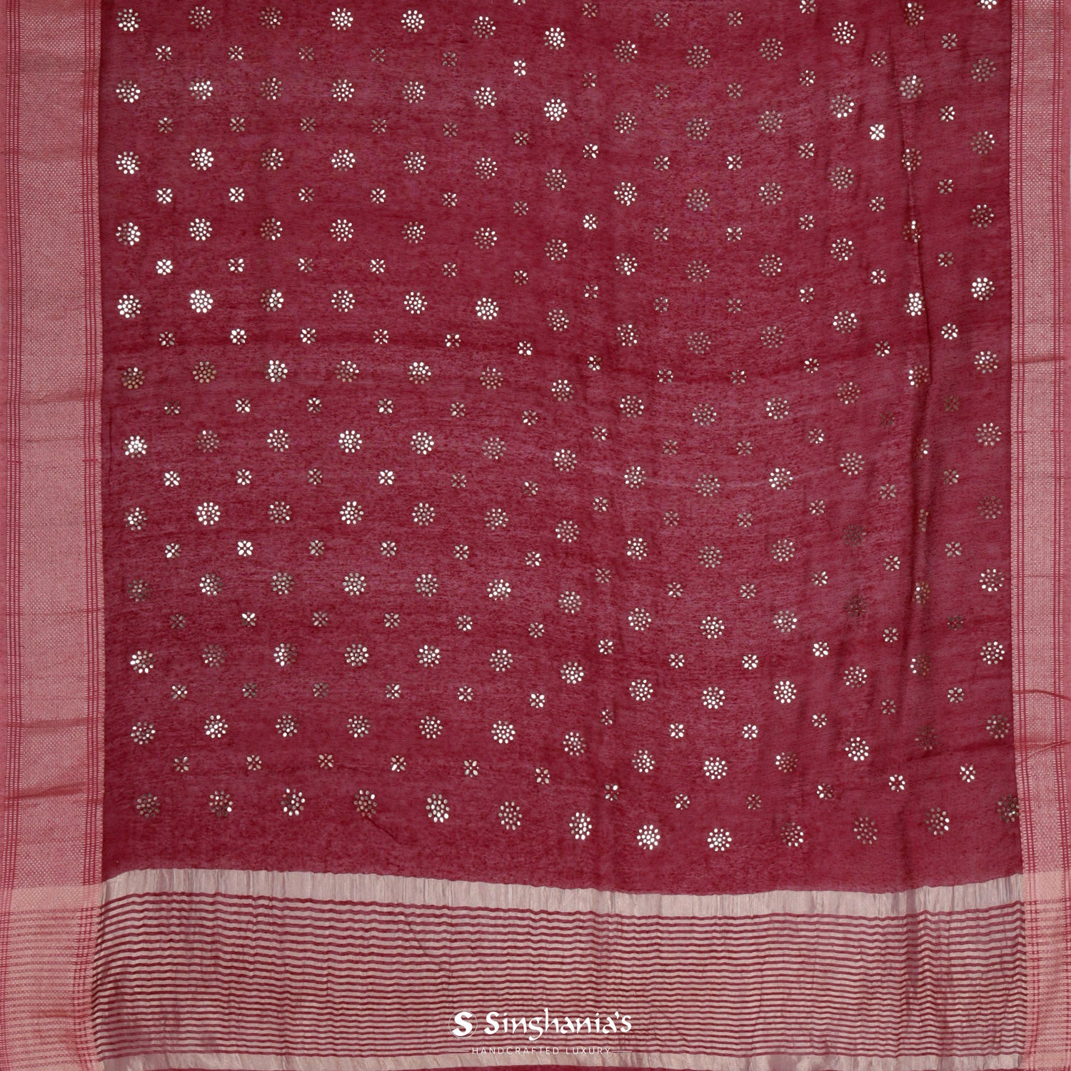 Sangria Red Linen Saree With Mukaish Work In Floral Butti Pattern