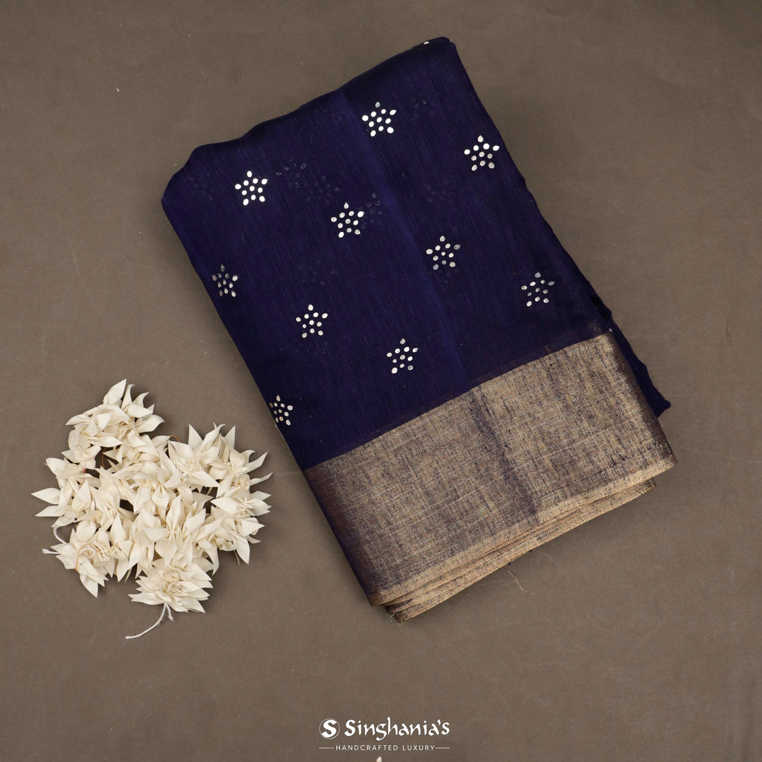 Space Cadet Blue Linen Saree With Floral Foil Print