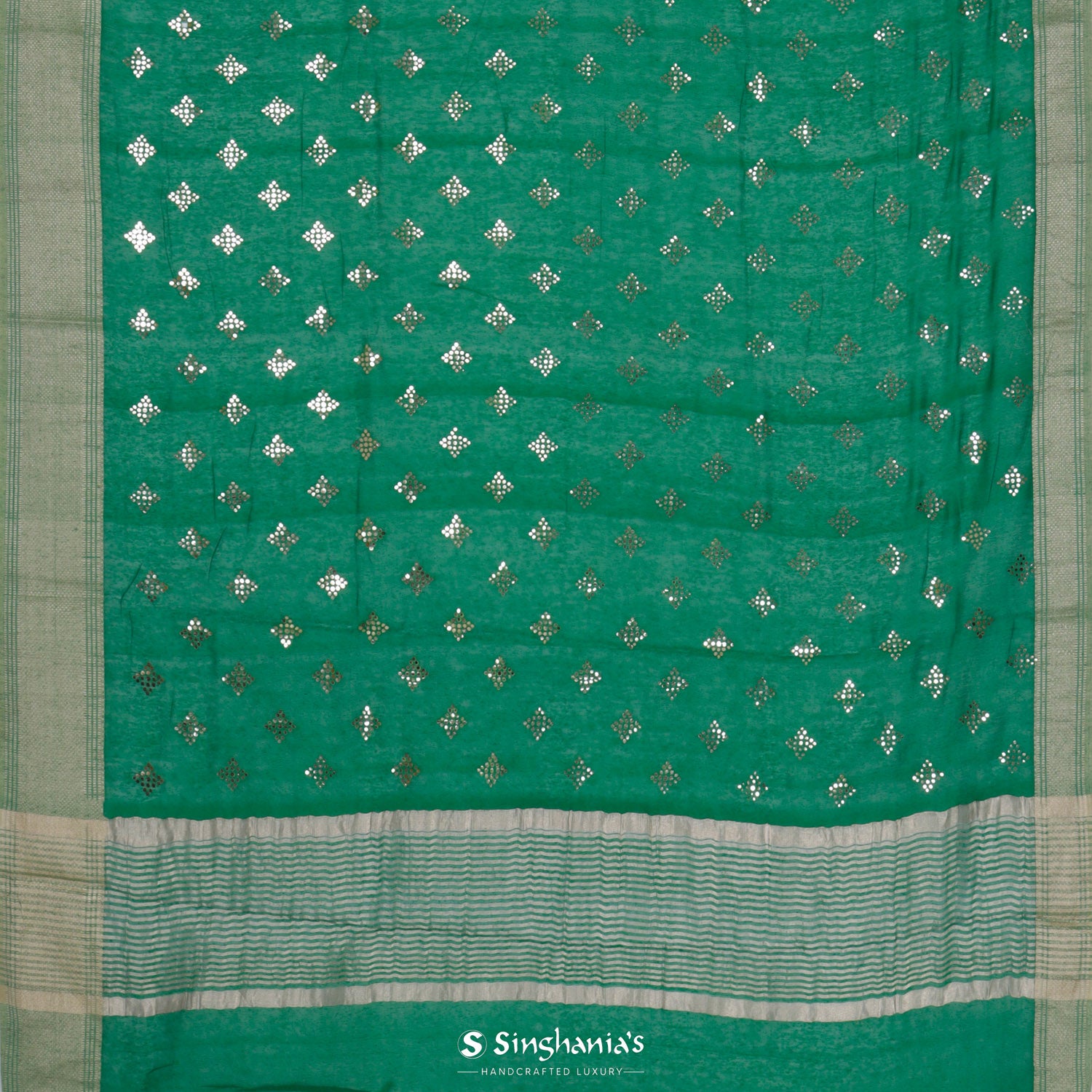 Sea Green Linen Saree With Mukaish Work In Butti Pattern