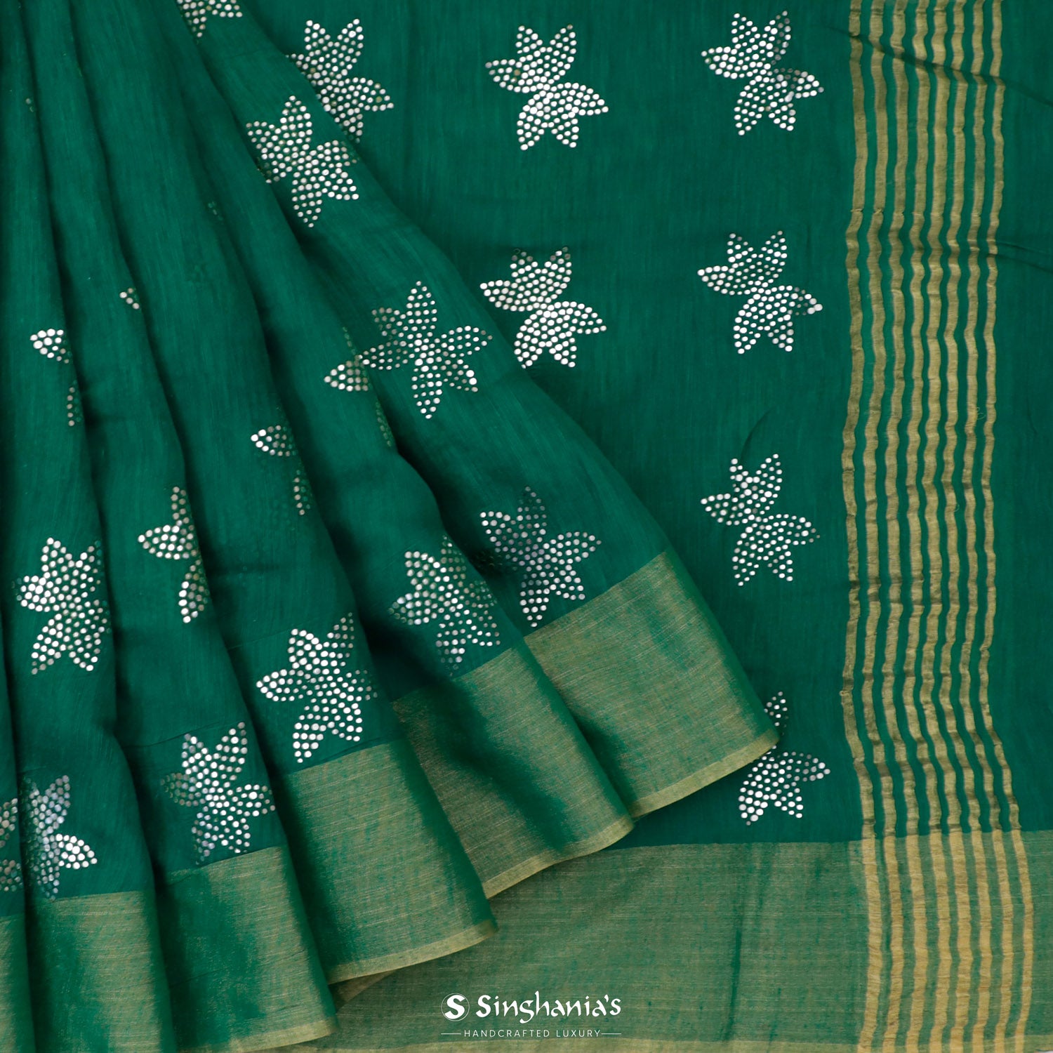 Pine Green Linen Saree With Mukaish Work In Floral Buttis