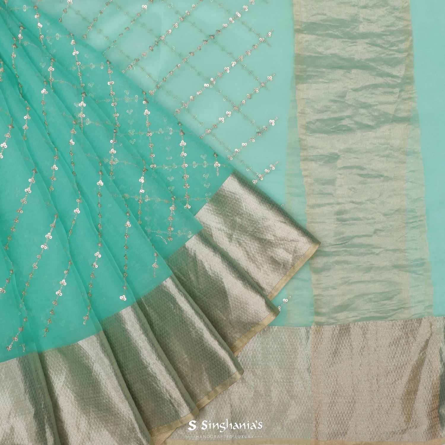 Ice Blue Organza Saree With Sequin Embroidery