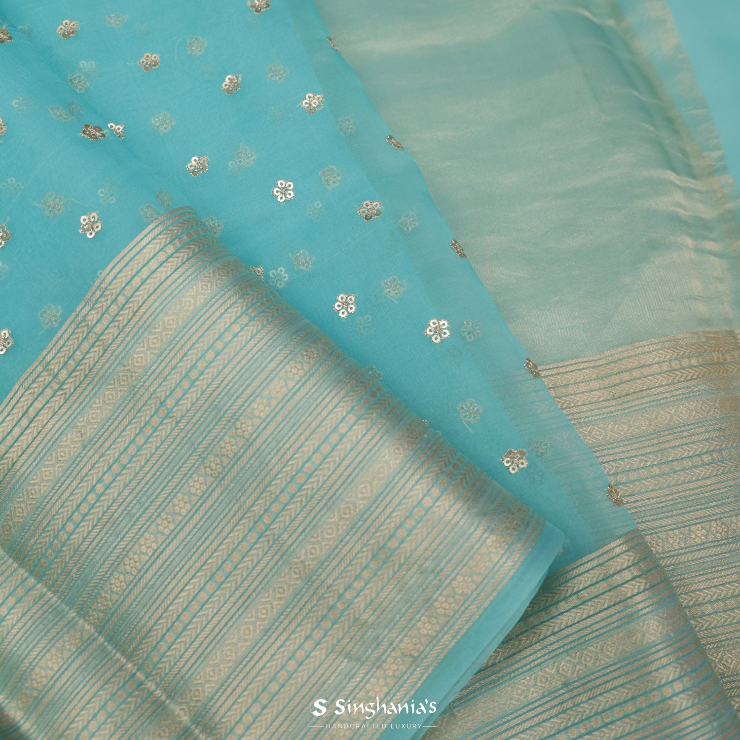 Electric Blue Organza Saree With Floral Motifs In Sequin Work