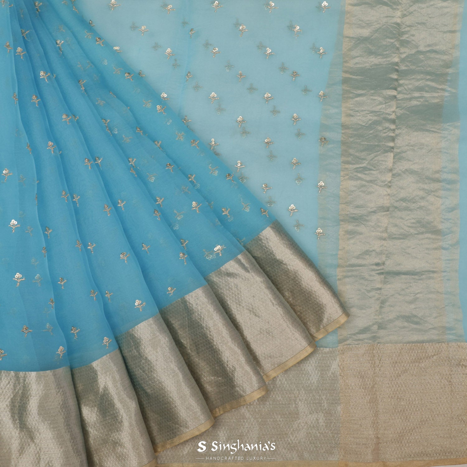 Aquamarine Blue Organza Saree With Floral Embroidery
