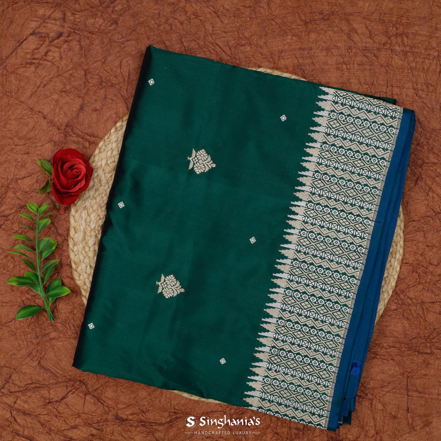 Pine Green Silk Saree With Floral Zari Weaving