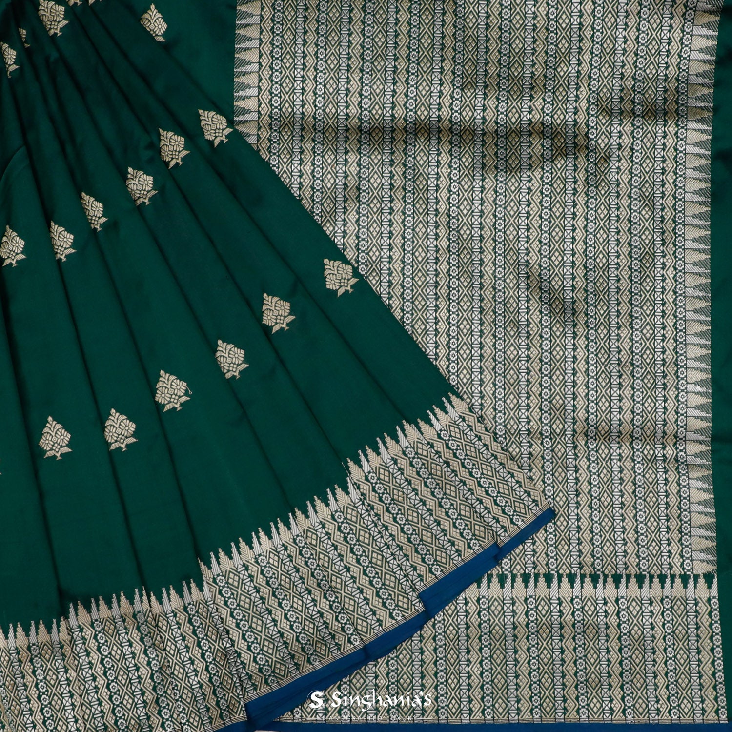 Pine Green Silk Saree With Floral Zari Weaving