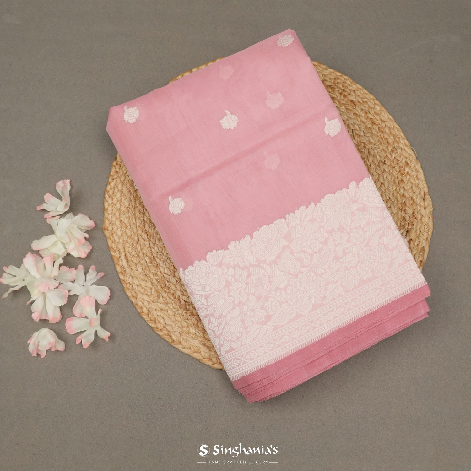 Cherry Blossom Pink Organza Saree With Zari Butti