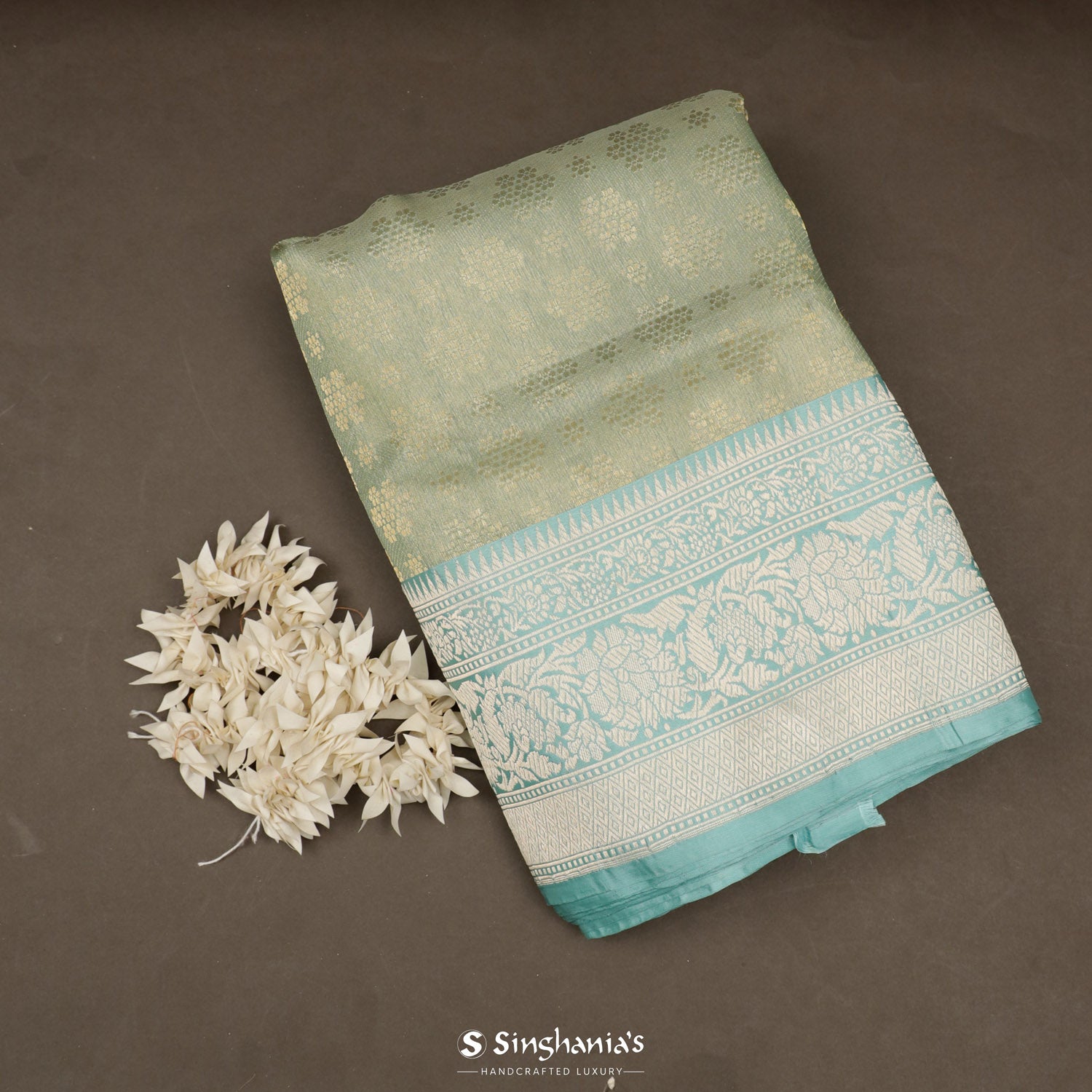 Sage Gray Organza Saree With Floral Butti