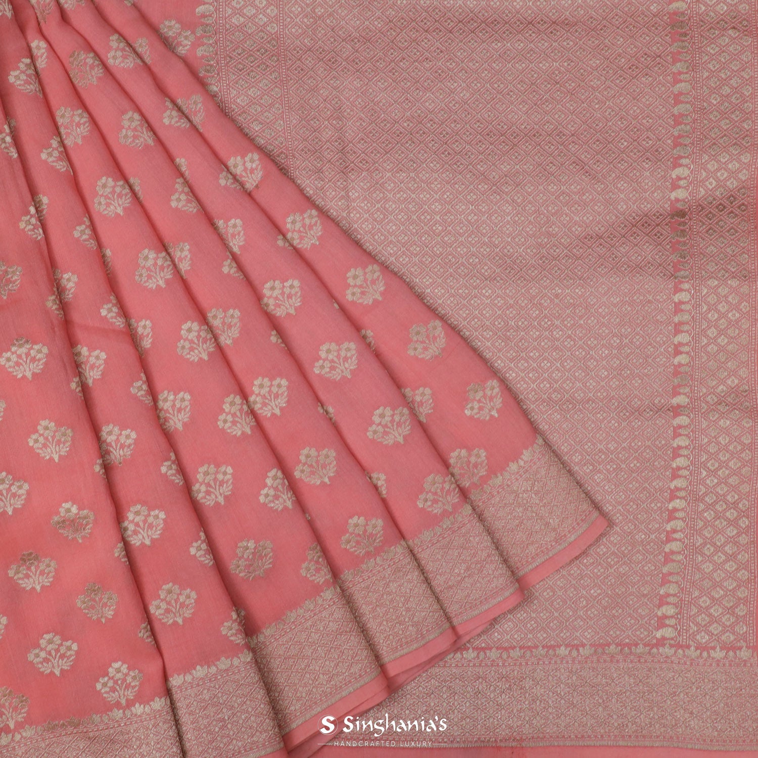 Sea Pink Moonga Saree With Banarasi Weaving