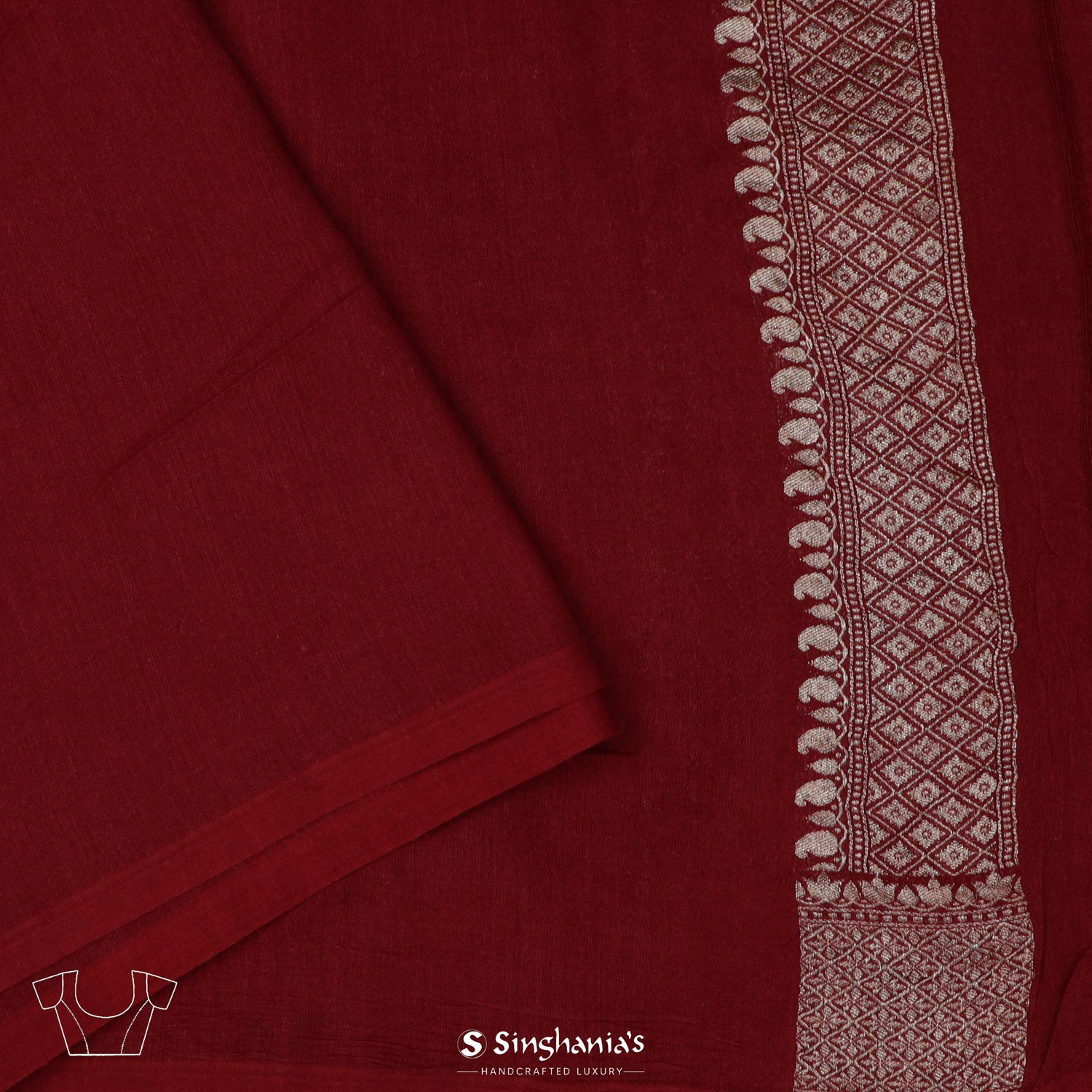 Oklahoma Crimson Red Moonga Saree With Meenakari Banarasi Weaving