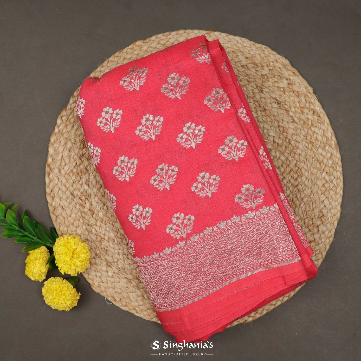 Cheerful Red Moonga Saree With Banarasi Weaving