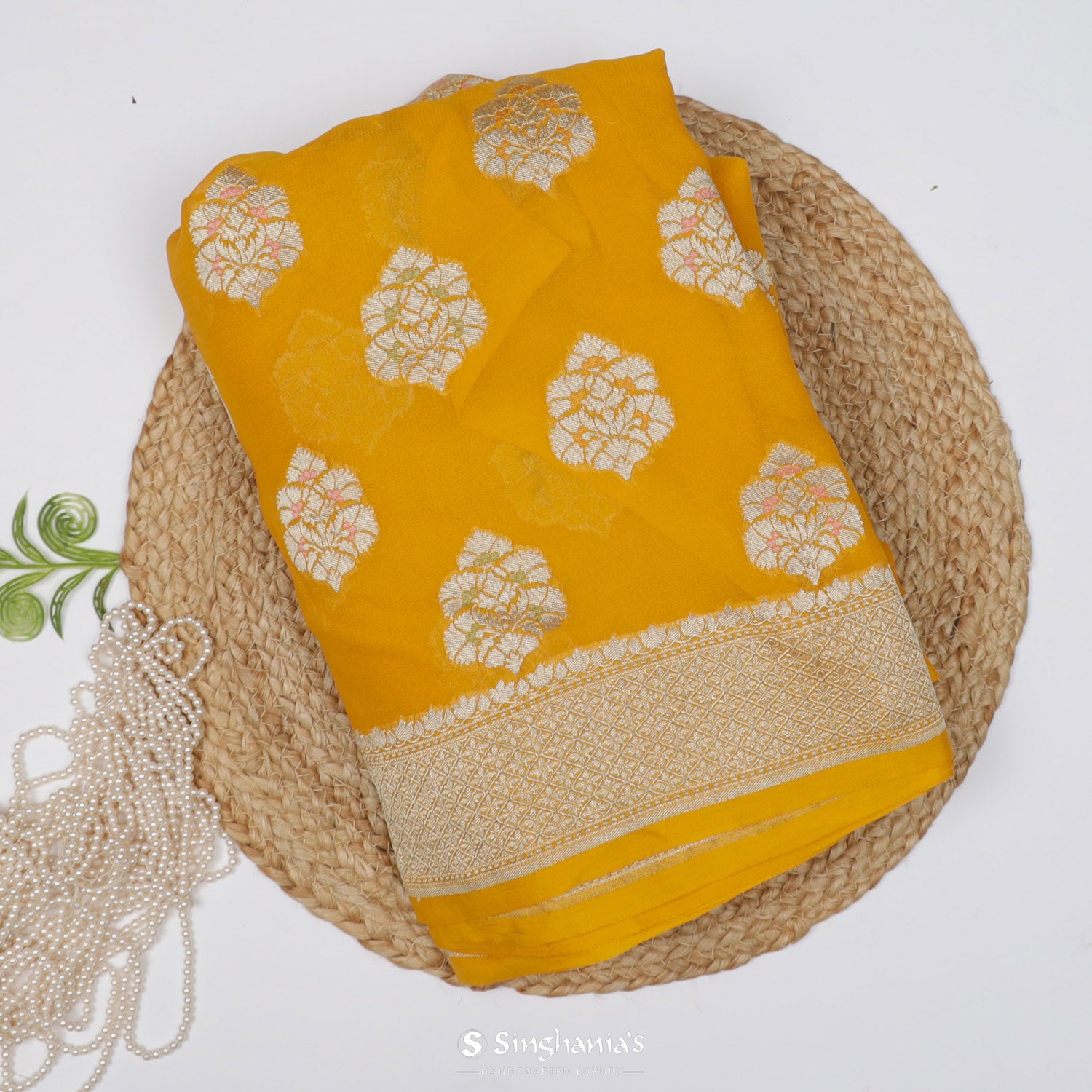 Tuscany Yellow Georgette Saree With Floral Buttas In Banarasi Weaving