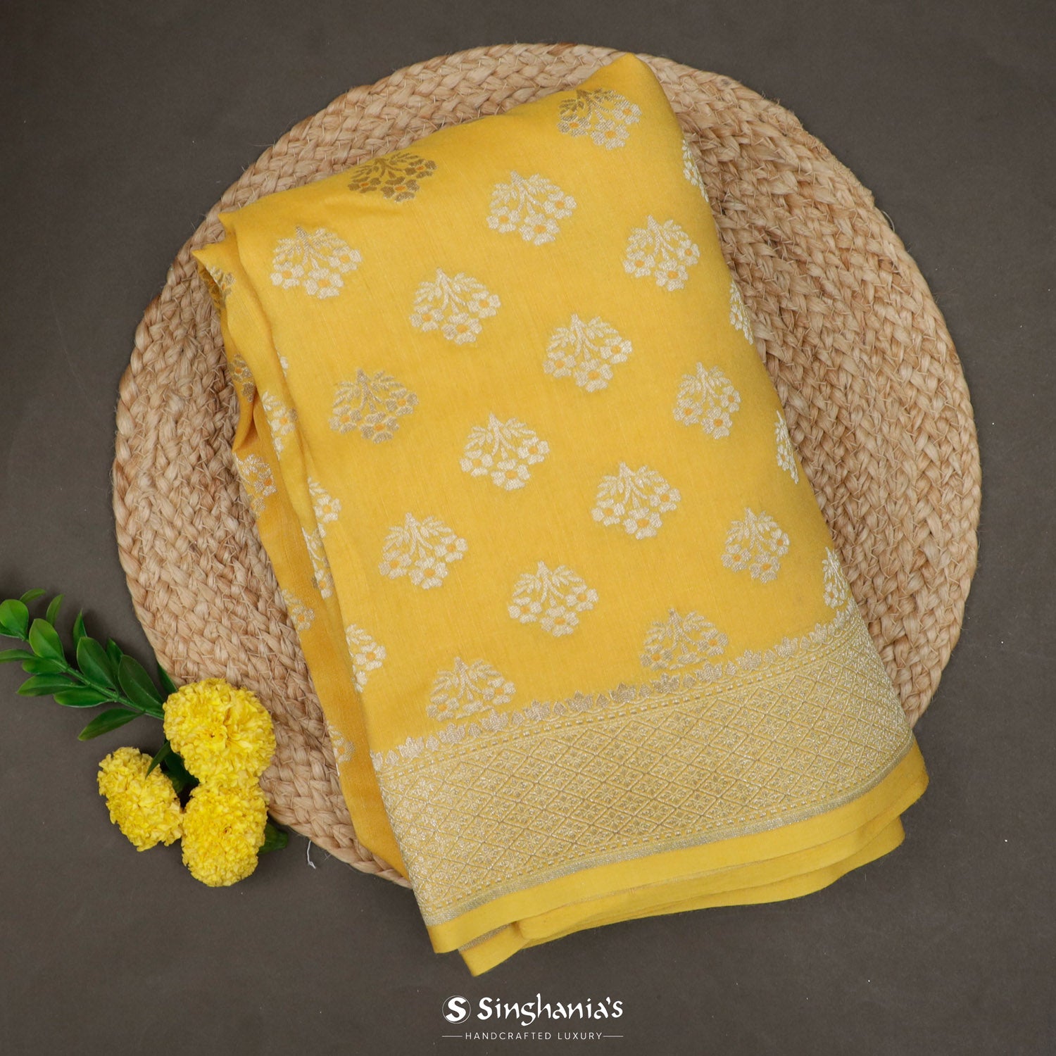 Colza Yellow Moonga Saree With Banarasi Weaving