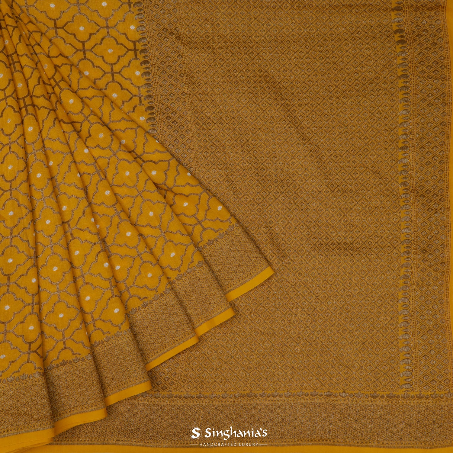 Daffodil Yellow Moonga Saree With Banarasi Weaving