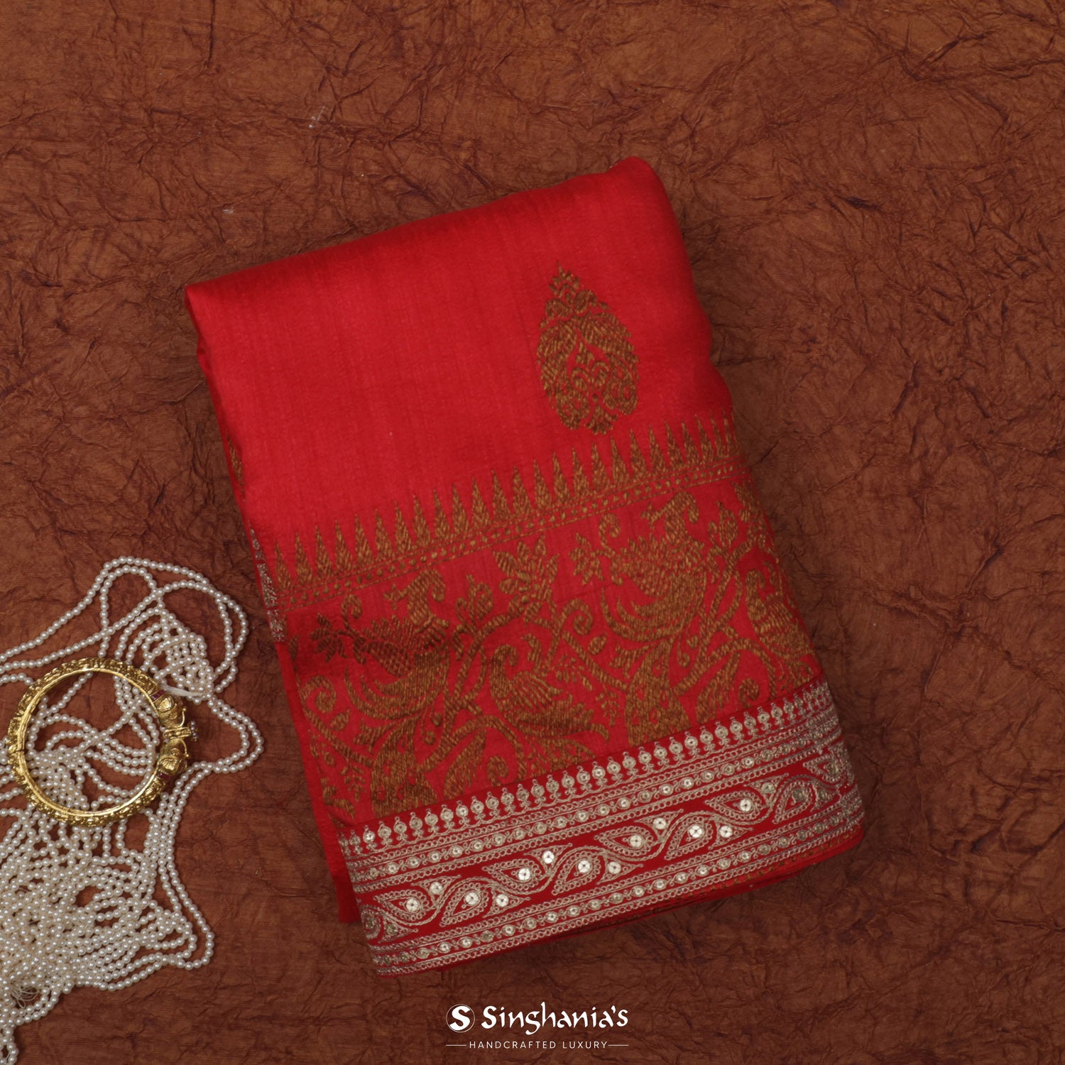 Imperial Red Matka Silk Saree With Butti Motifs