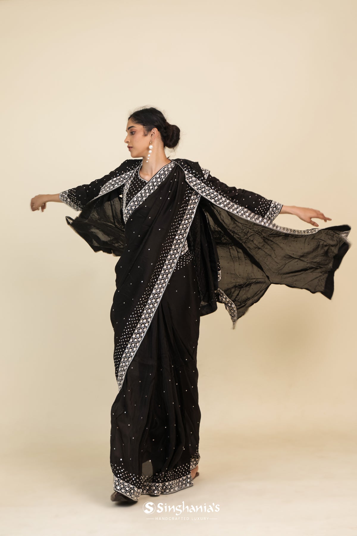 Classic Black Organza Designer Saree With Floral Embroidery