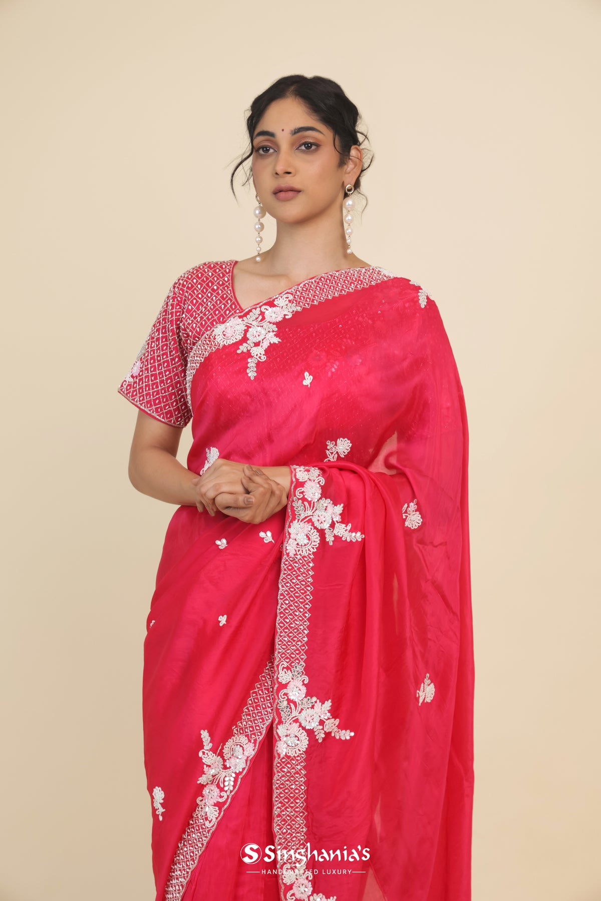 Imperial Red Organza Designer Saree With Floral Embroidery