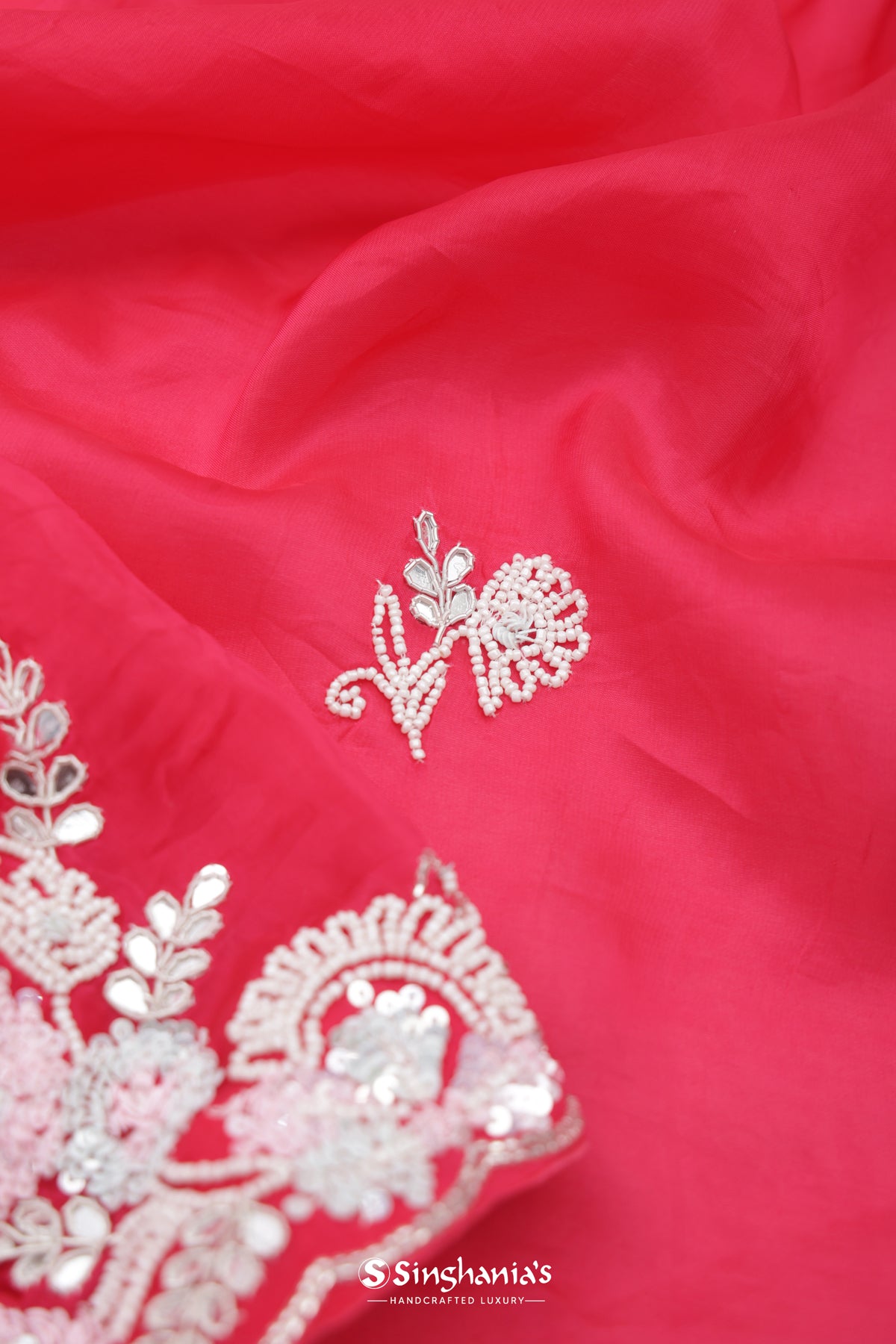 Imperial Red Organza Designer Saree With Floral Embroidery
