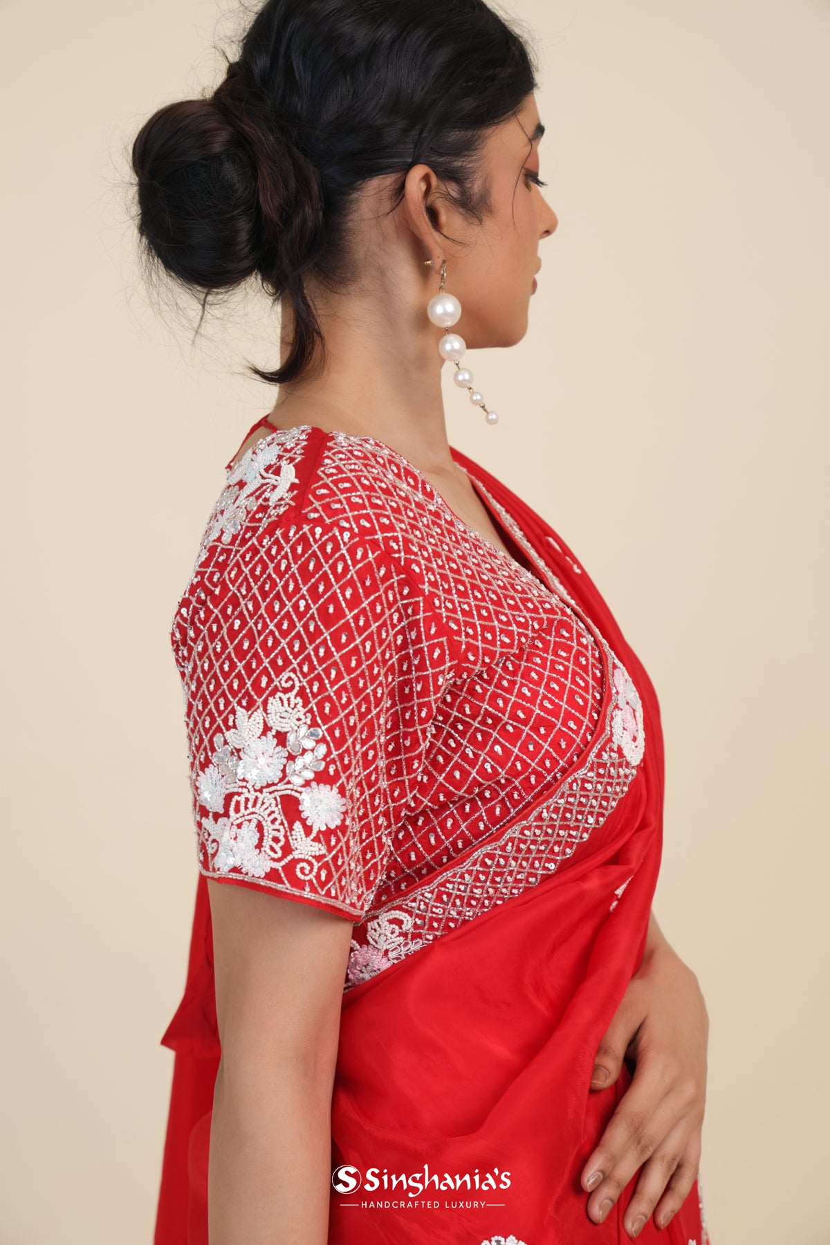 Desire Red Organza Designer Saree With Floral Embroidery
