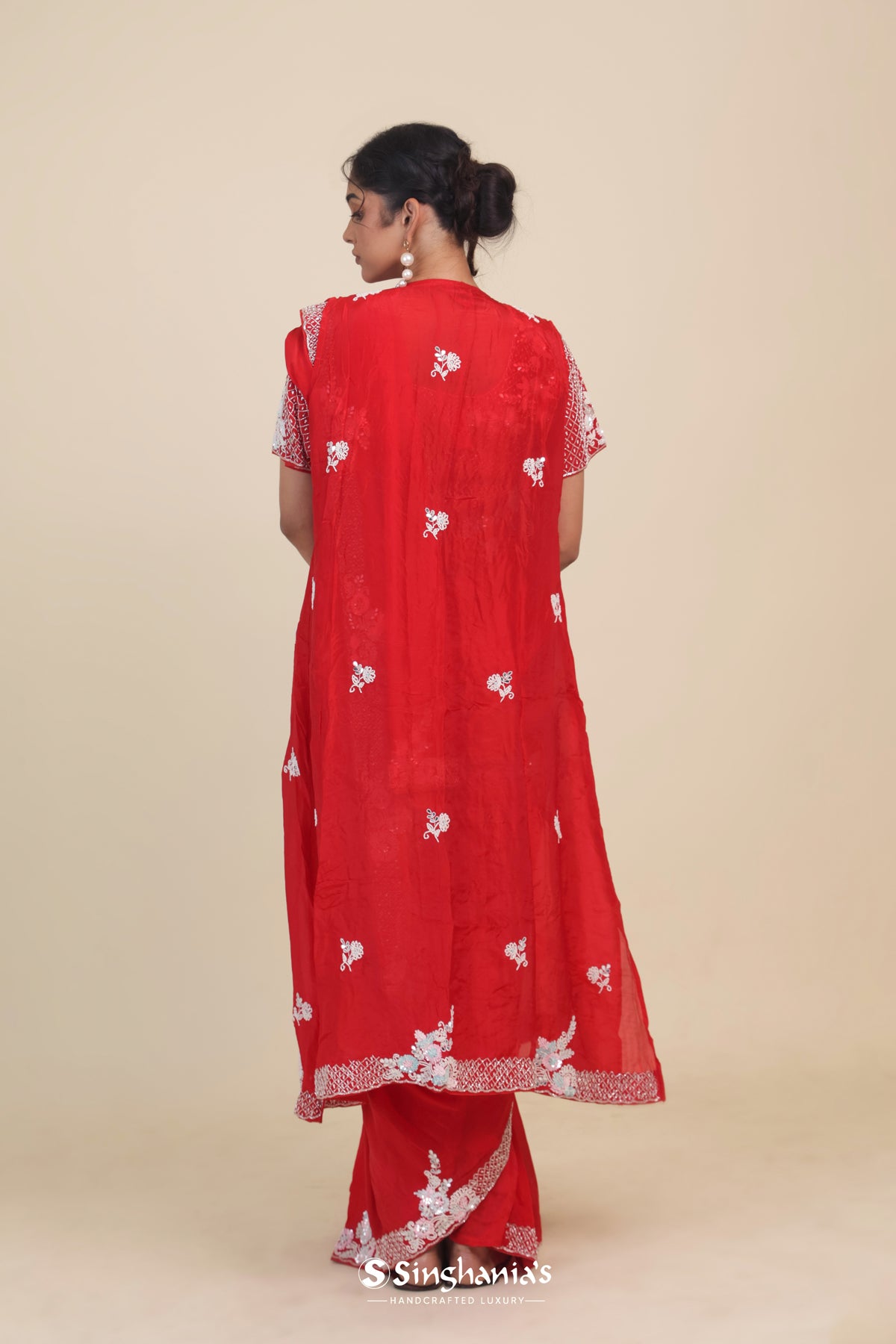 Desire Red Organza Designer Saree With Floral Embroidery