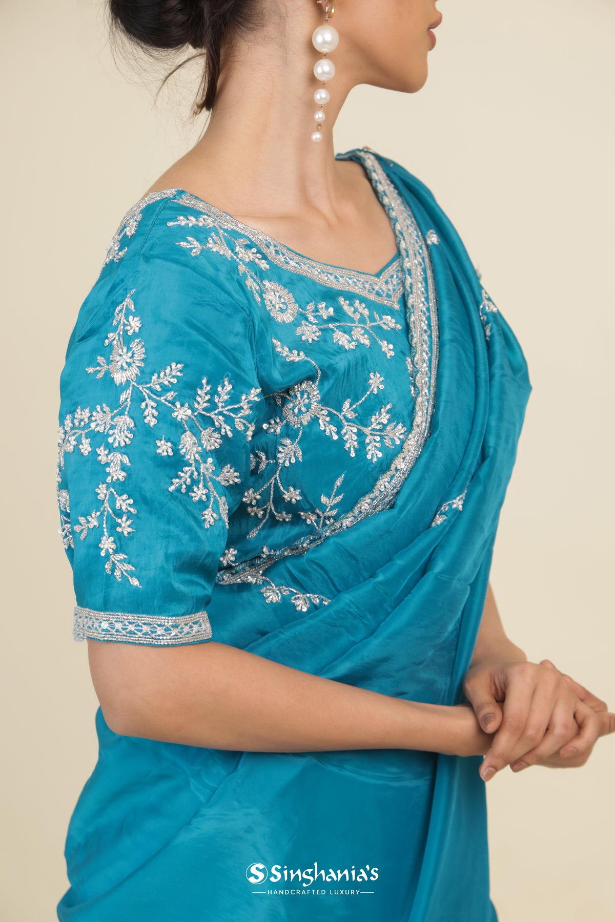 Blue Sapphire Organza Designer Saree With Floral Embroidery