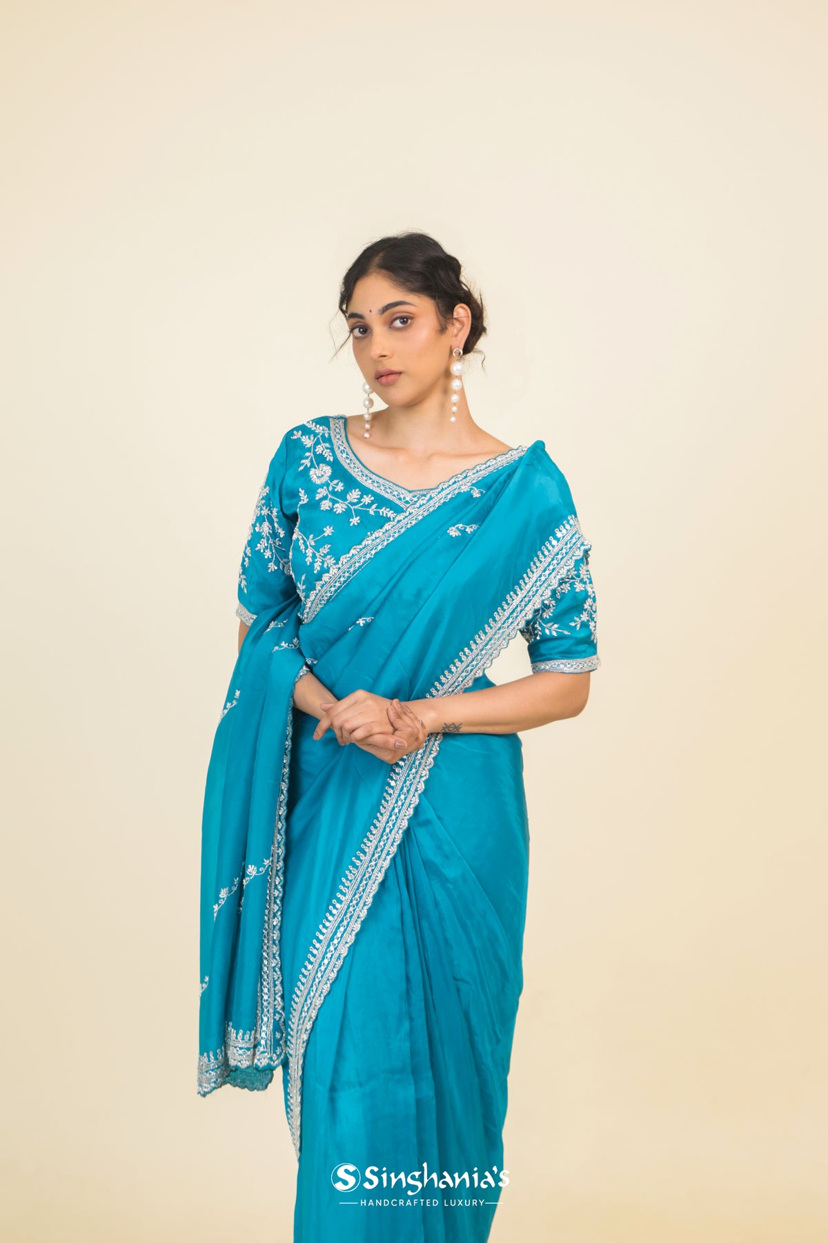 Blue Sapphire Organza Designer Saree With Floral Embroidery