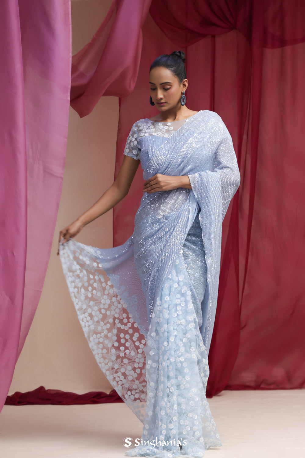 Light Sky Blue Net Saree With Hand Embroidery