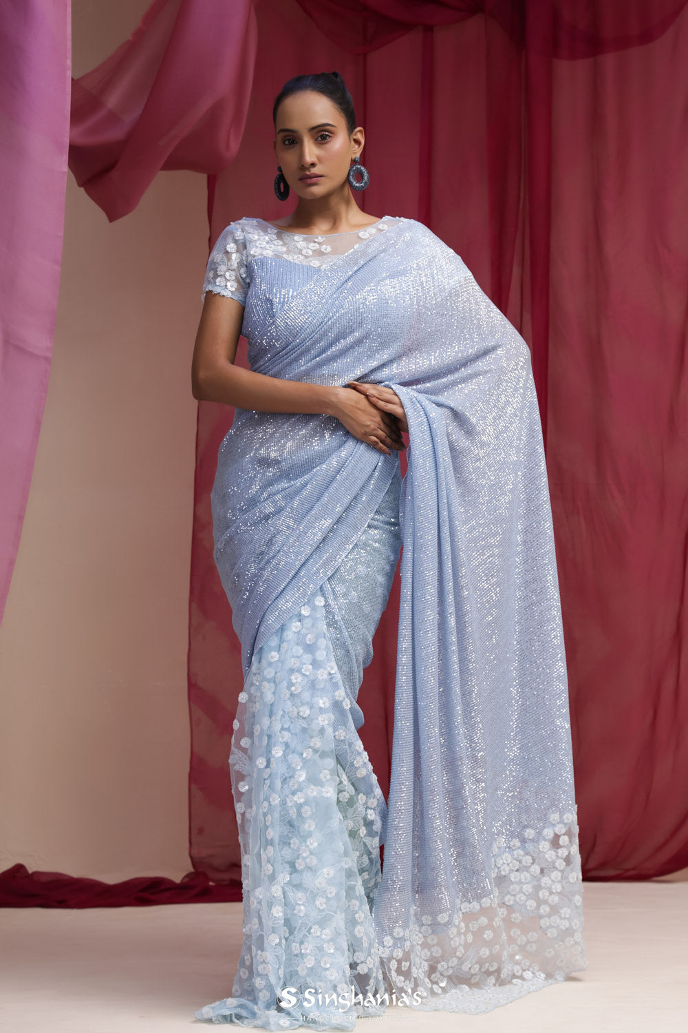 Light Sky Blue Net Saree With Hand Embroidery